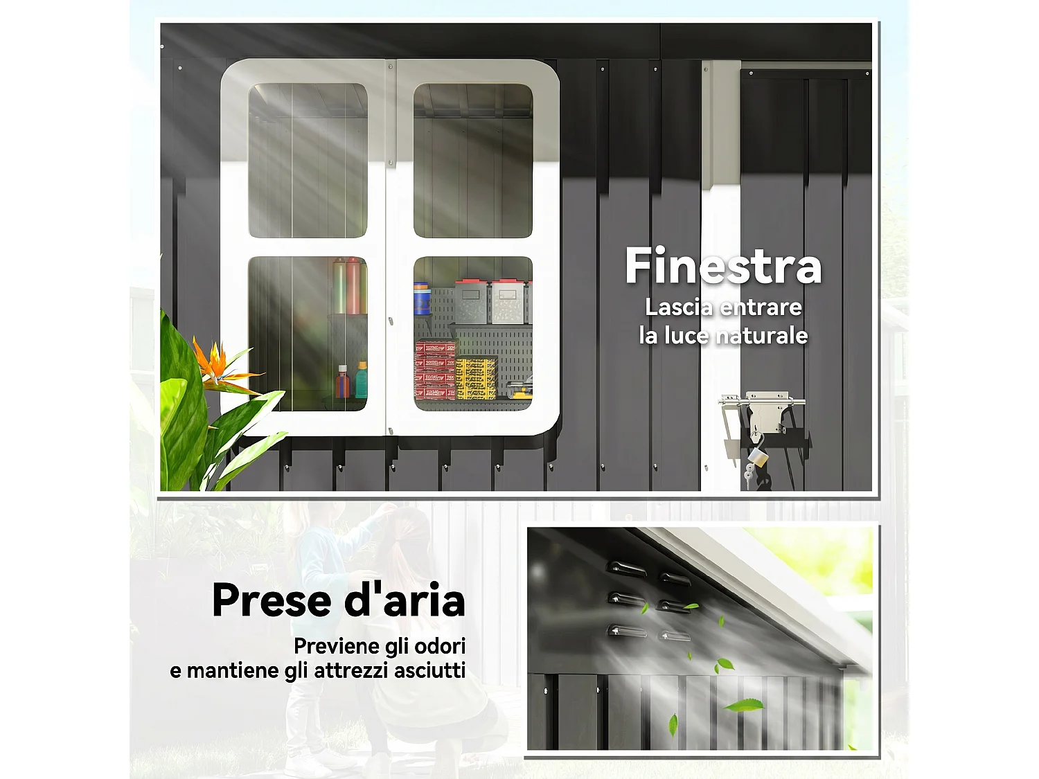 Casetta da giardino 2.55m² in acciaio con kit di fondazione