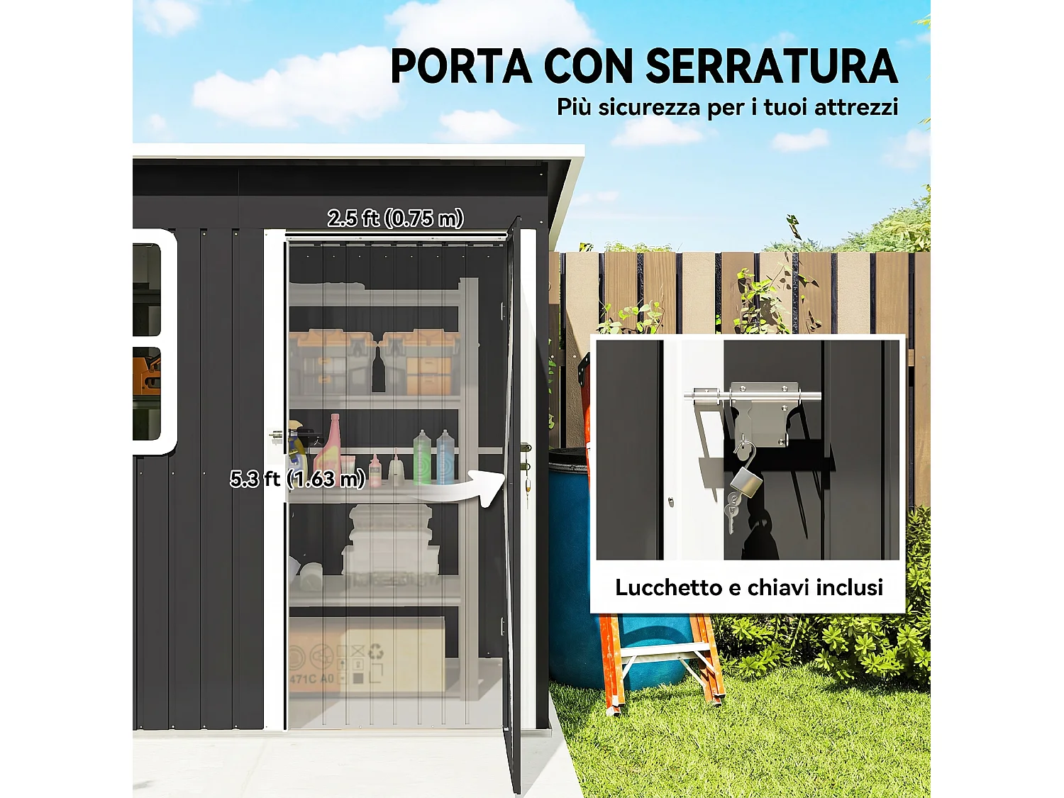 Casetta da giardino 2.55m² in acciaio con kit di fondazione