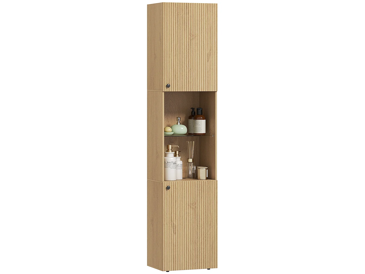 Colonna bagno slim, scomparti aperti, ripiano in vetro, rovere