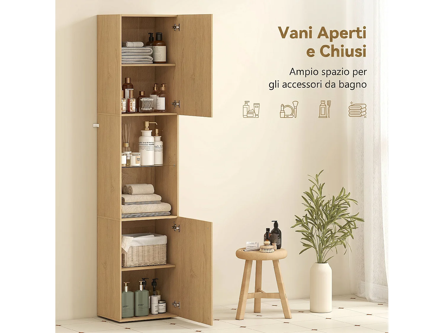 Colonna bagno slim, scomparti aperti, ripiano in vetro, rovere