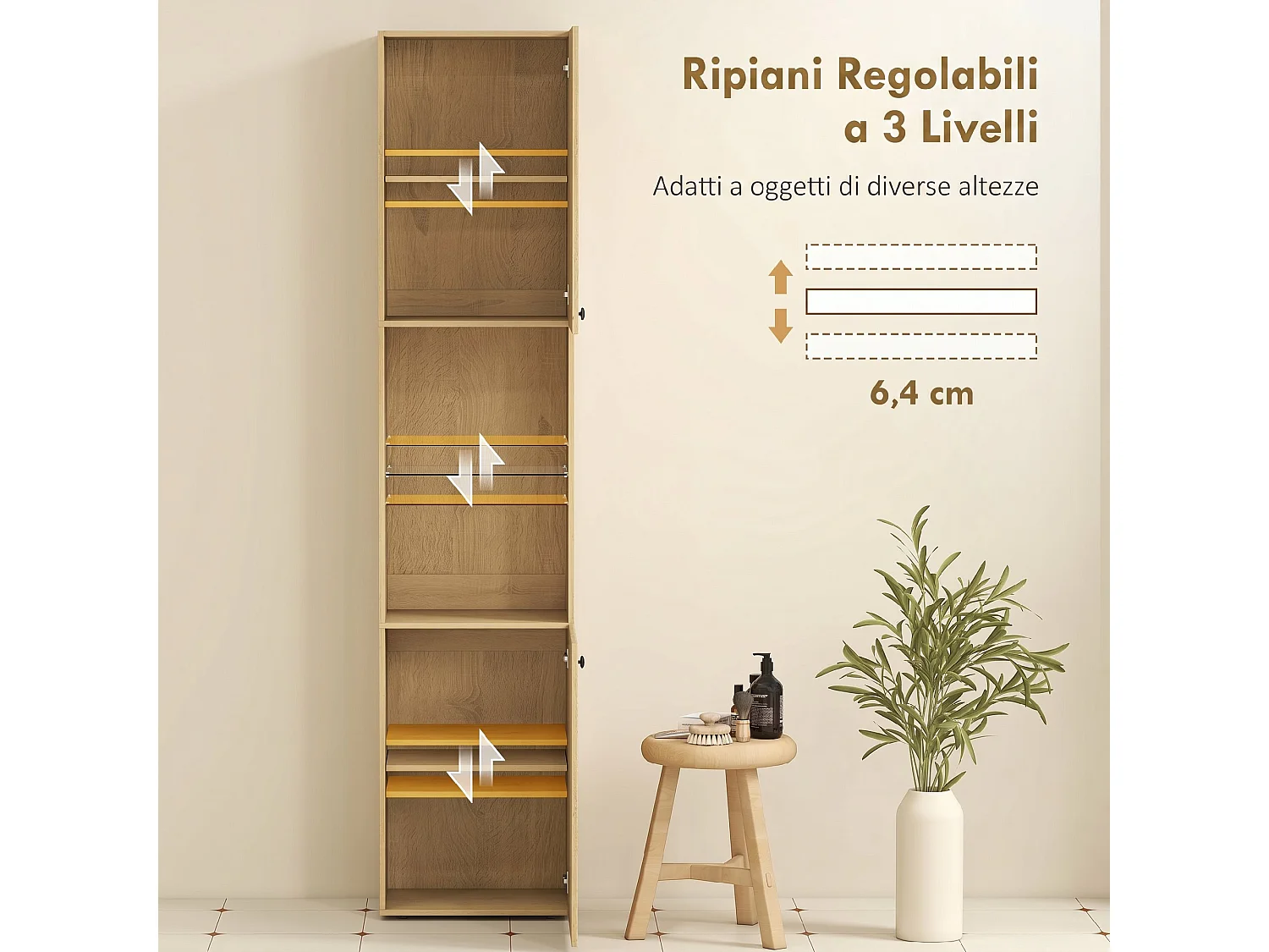 Colonna bagno slim, scomparti aperti, ripiano in vetro, rovere
