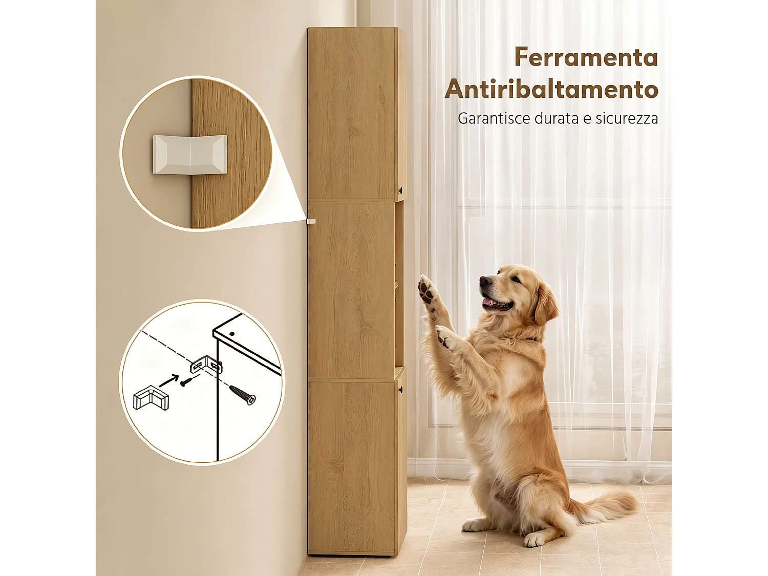 Colonna bagno slim, scomparti aperti, ripiano in vetro, rovere