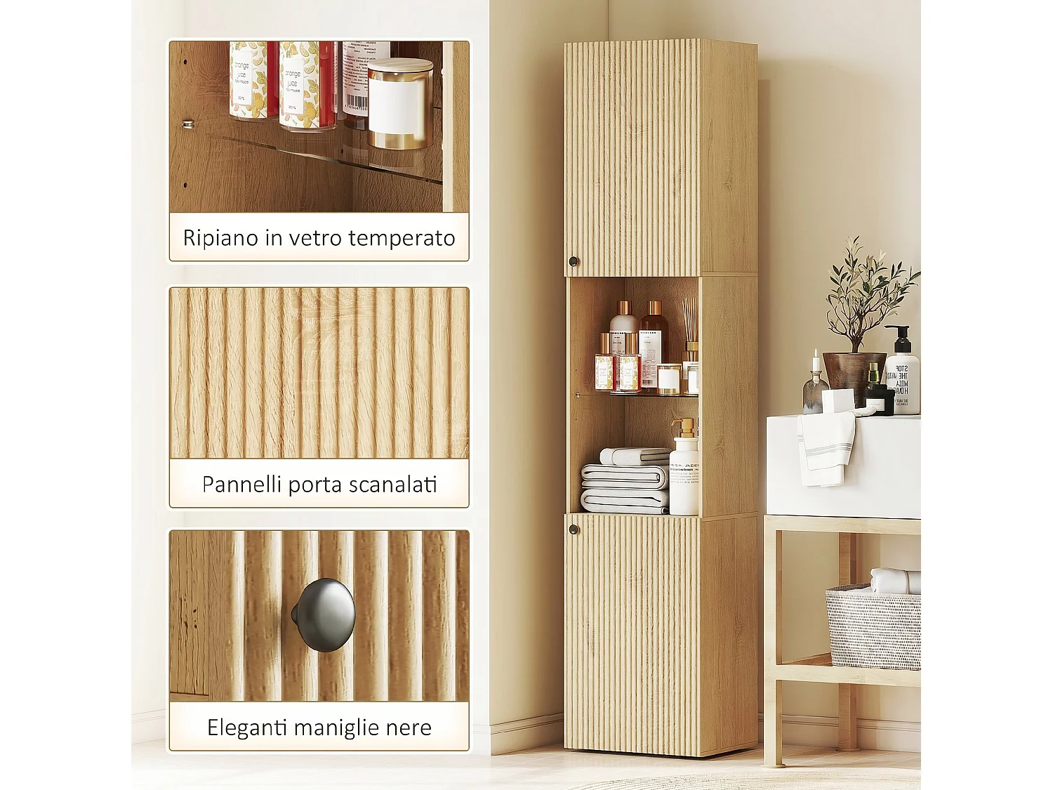 Colonna bagno slim, scomparti aperti, ripiano in vetro, rovere