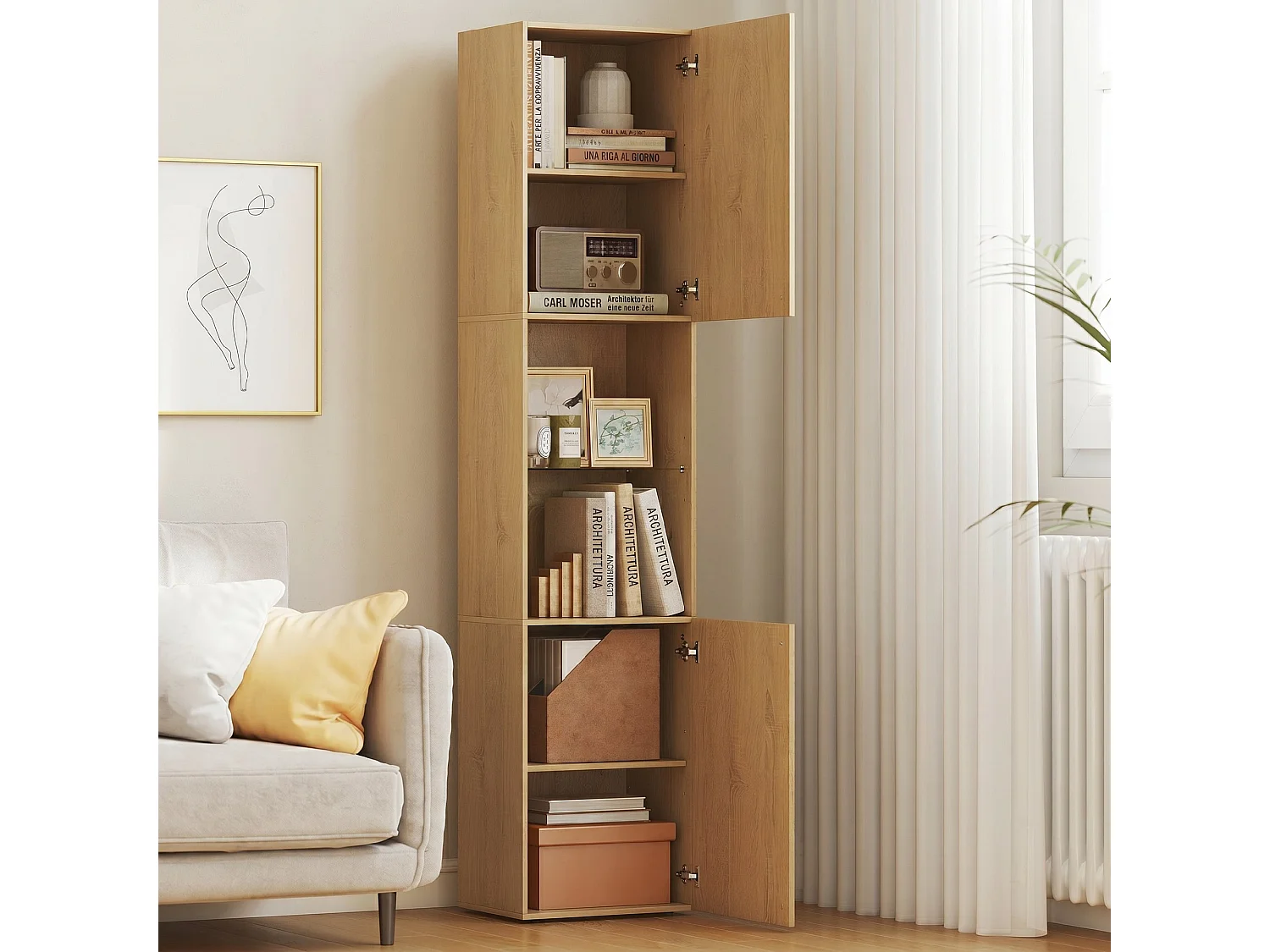 Colonna bagno slim, scomparti aperti, ripiano in vetro, rovere