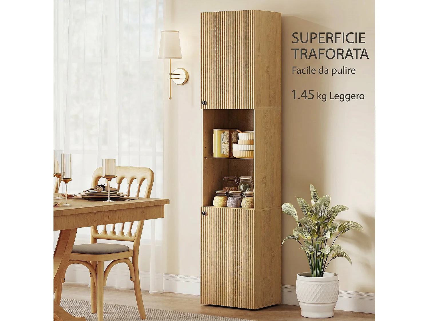 Colonna bagno slim, scomparti aperti, ripiano in vetro, rovere