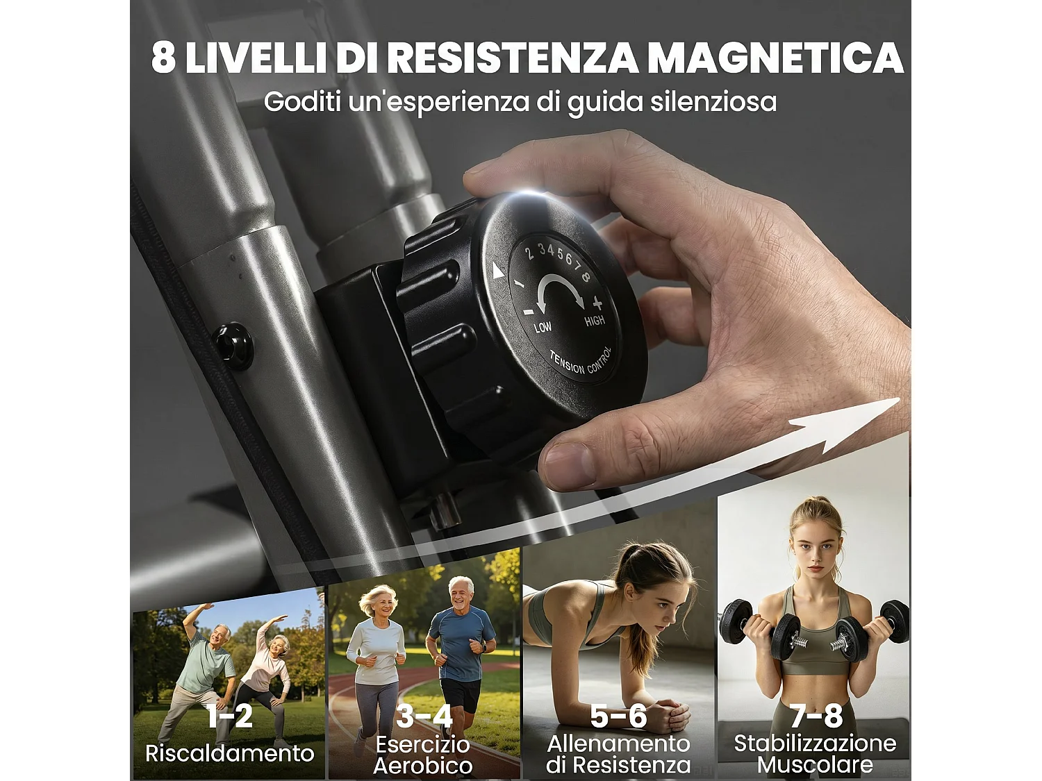 Cyclette magnetica pieghevole con resistenza magnetica in acciaio nero