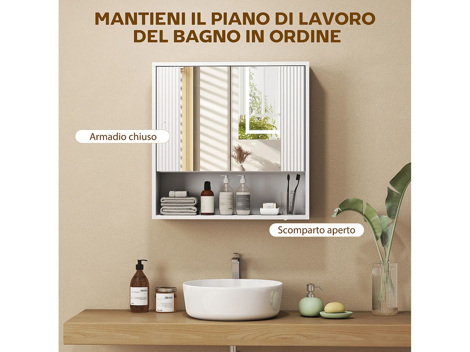 Armadietto da parete con ante specchiate in legno bianco