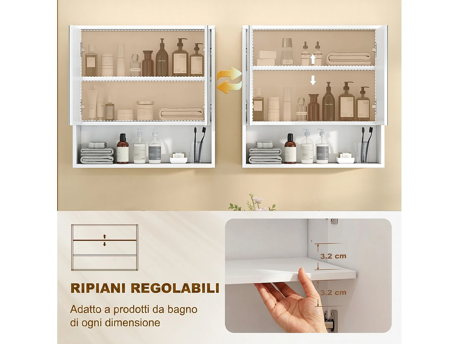 Armadietto da parete con ante specchiate in legno bianco