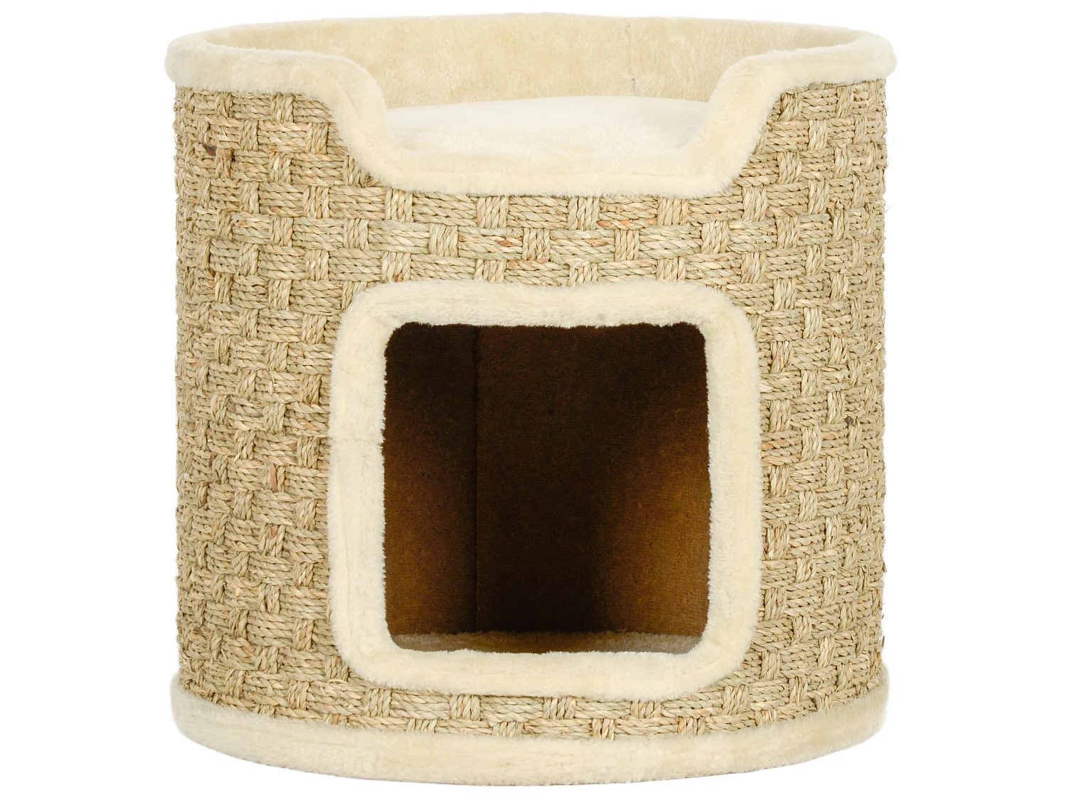 Tiragraffi per gatti con nicchia rivestita in peluche cachi