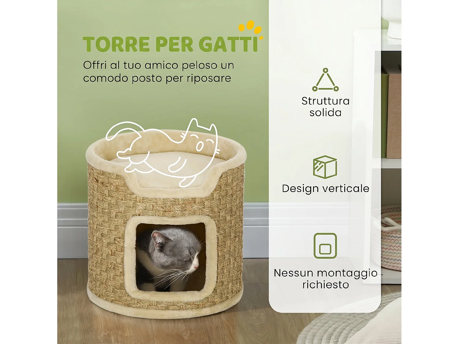 Tiragraffi per gatti con nicchia rivestita in peluche cachi