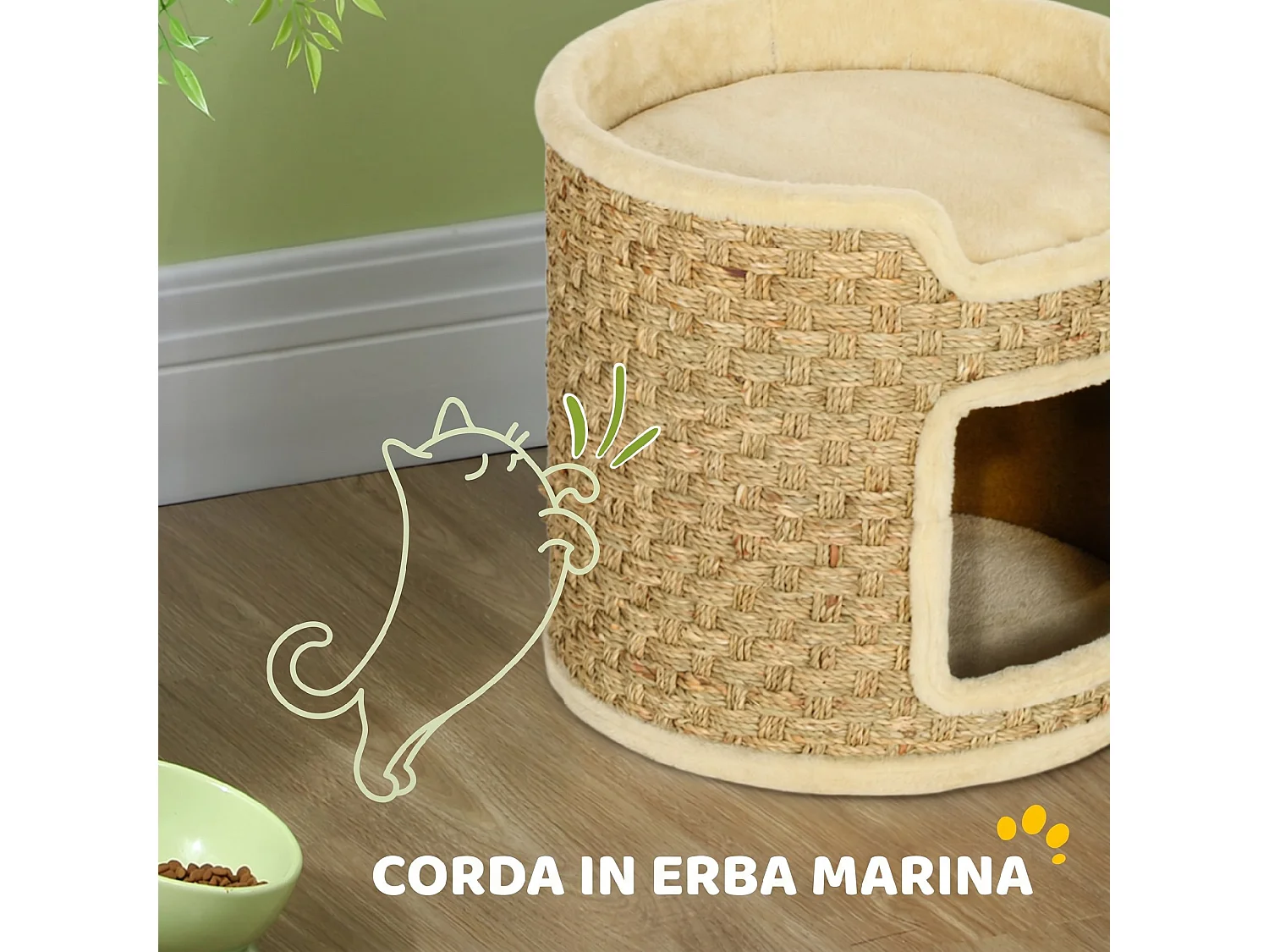 Tiragraffi per gatti con nicchia rivestita in peluche cachi