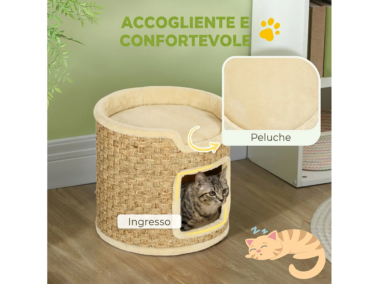 Tiragraffi per gatti con nicchia rivestita in peluche cachi