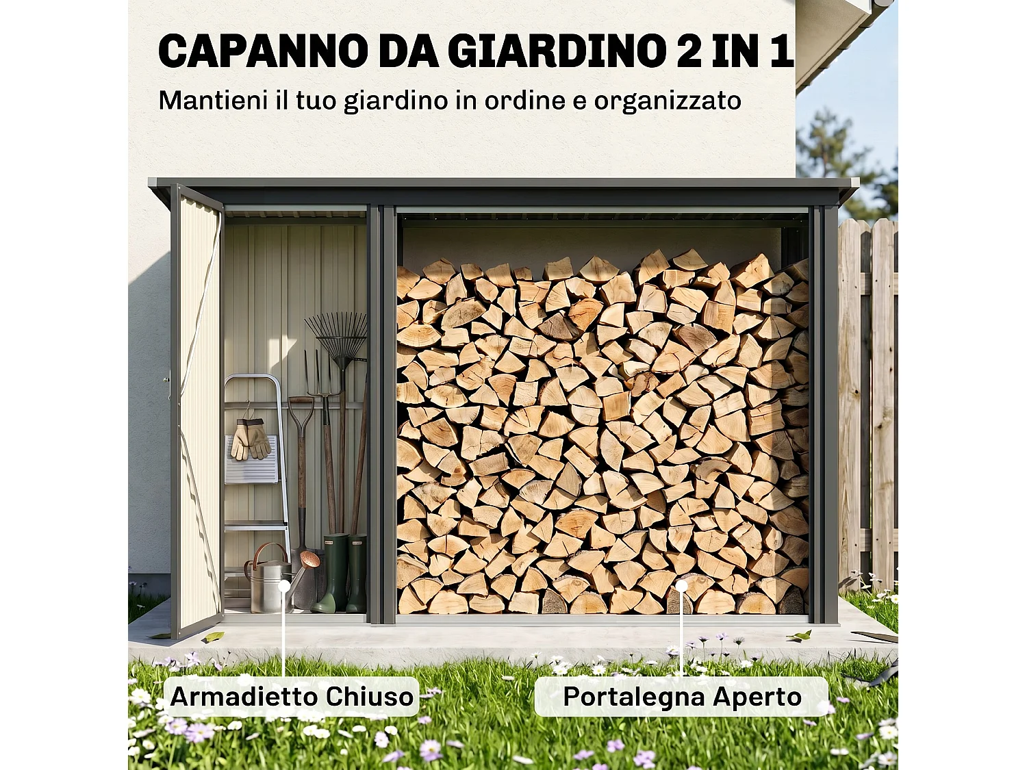 Portalegna da esterno con armadietto in acciaio zincato grigio scuro
