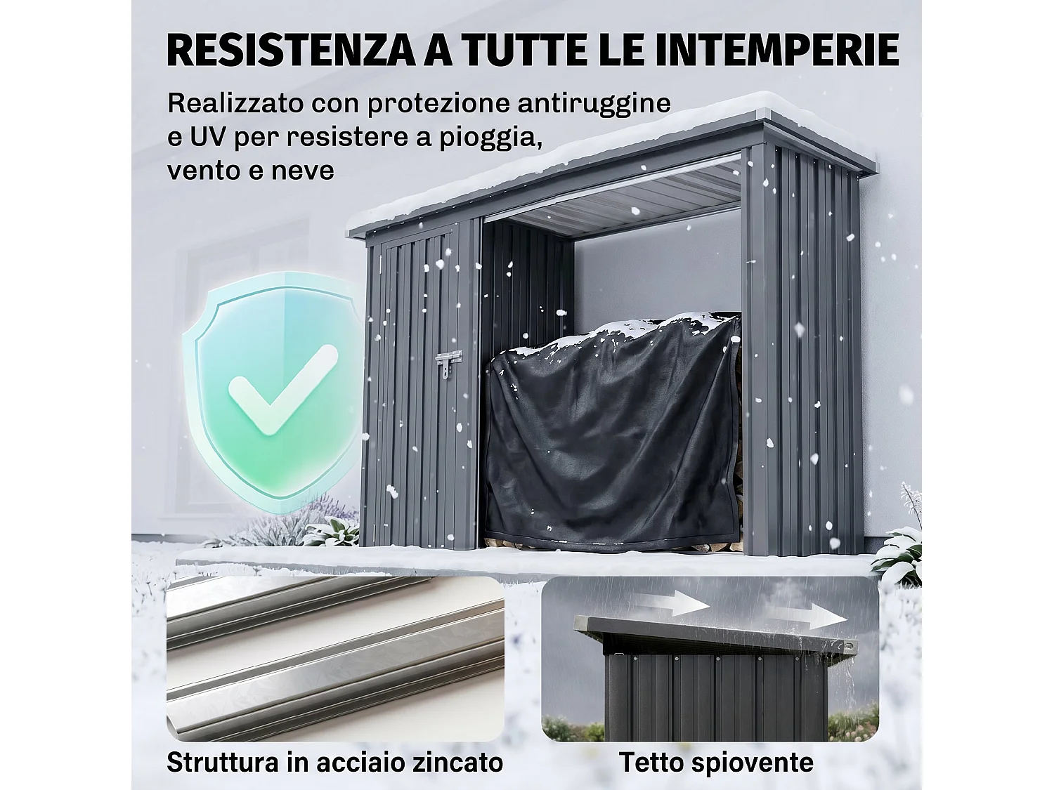 Portalegna da esterno con armadietto in acciaio zincato grigio scuro