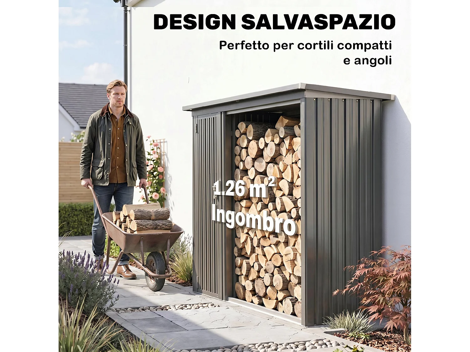 Portalegna da esterno con armadietto in acciaio zincato grigio scuro