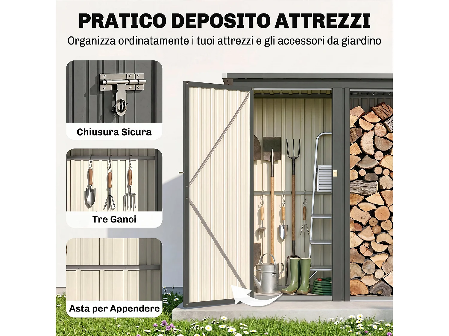 Portalegna da esterno con armadietto in acciaio zincato grigio scuro