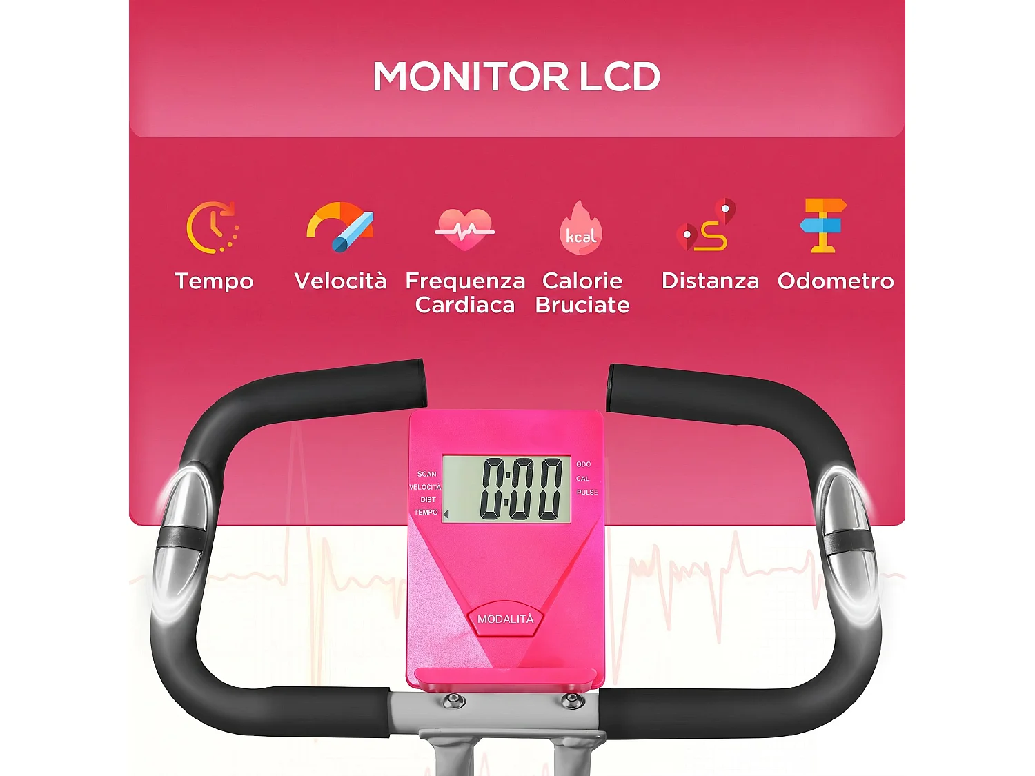 Cyclette pieghevole magnetica a 8 livelli con display rosa e bianco