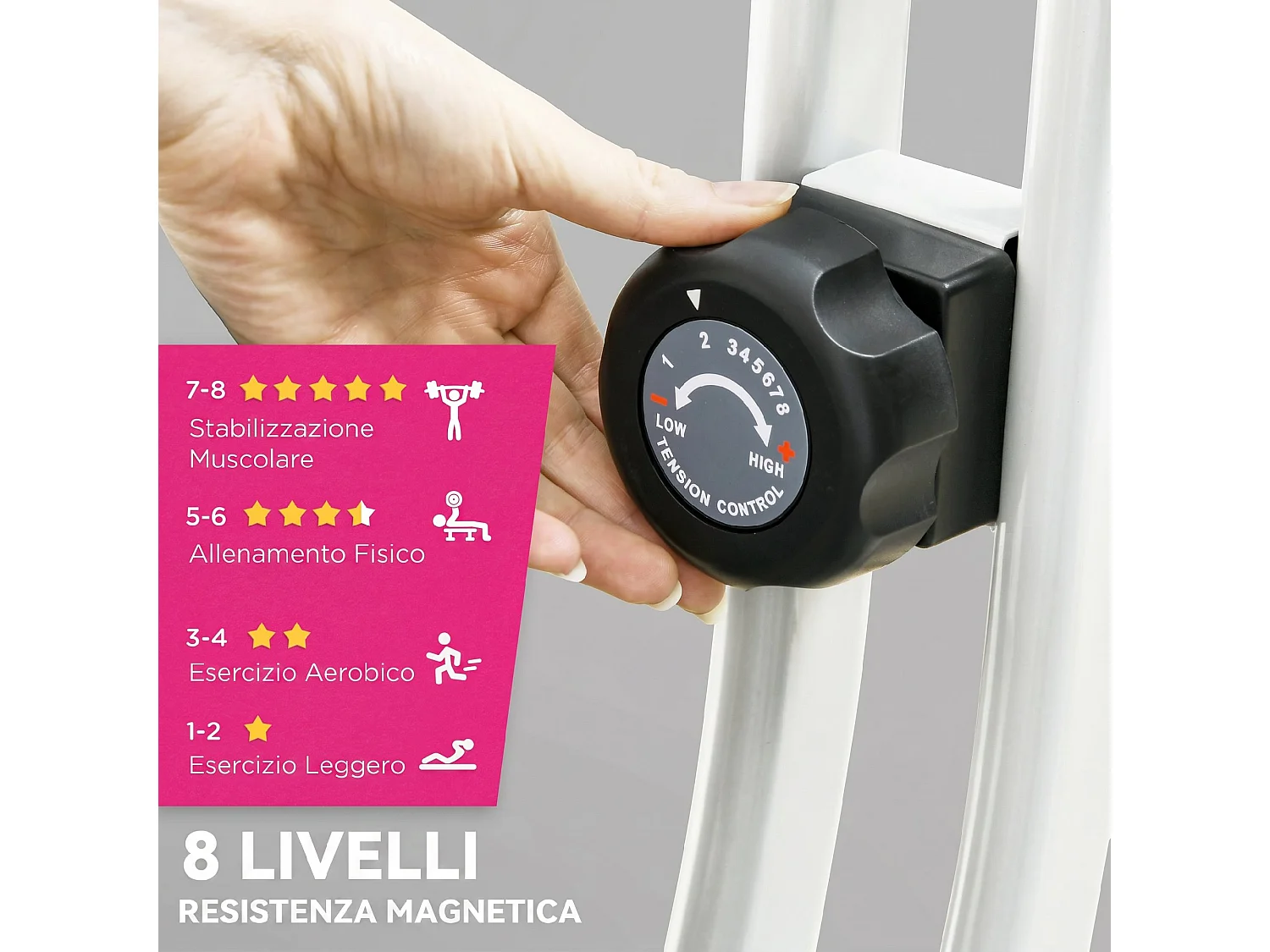 Cyclette pieghevole magnetica a 8 livelli con display rosa e bianco