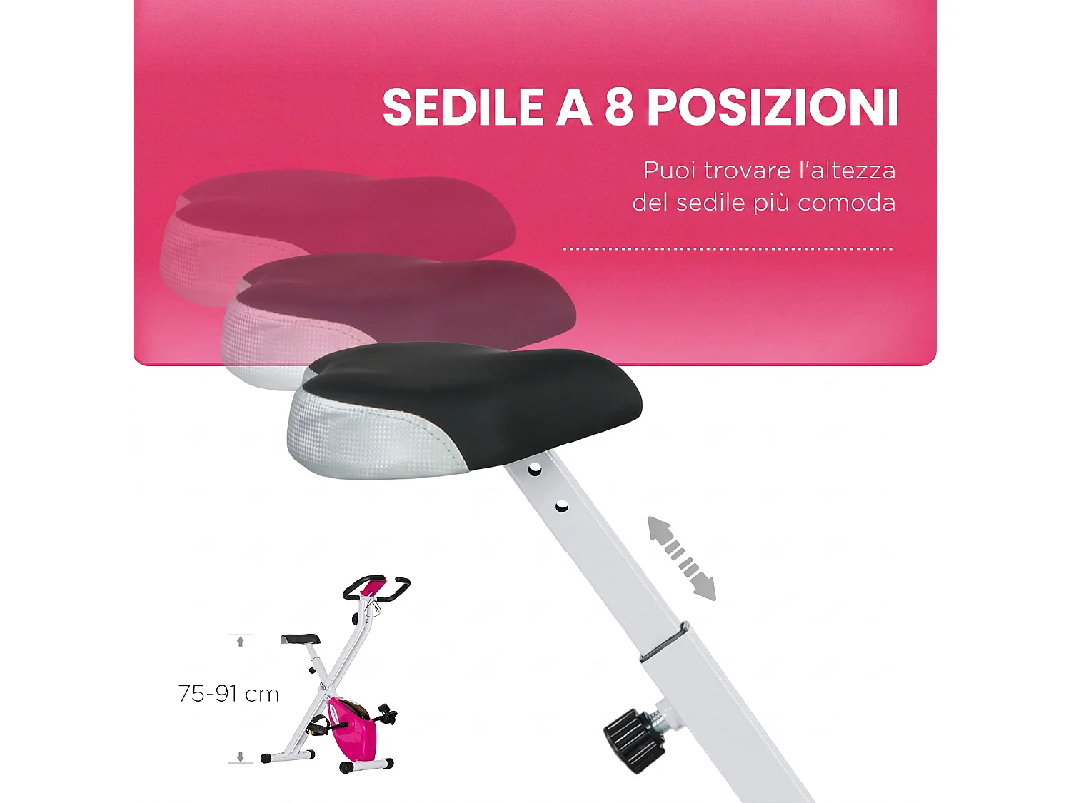 Cyclette pieghevole magnetica a 8 livelli con display rosa e bianco
