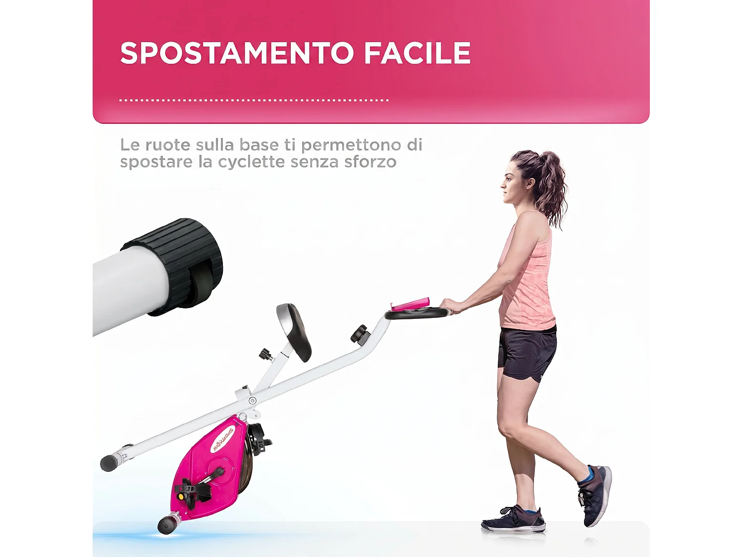 Cyclette pieghevole magnetica a 8 livelli con display rosa e bianco