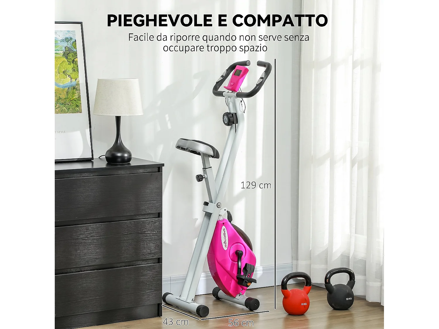 Cyclette pieghevole magnetica a 8 livelli con display rosa e bianco