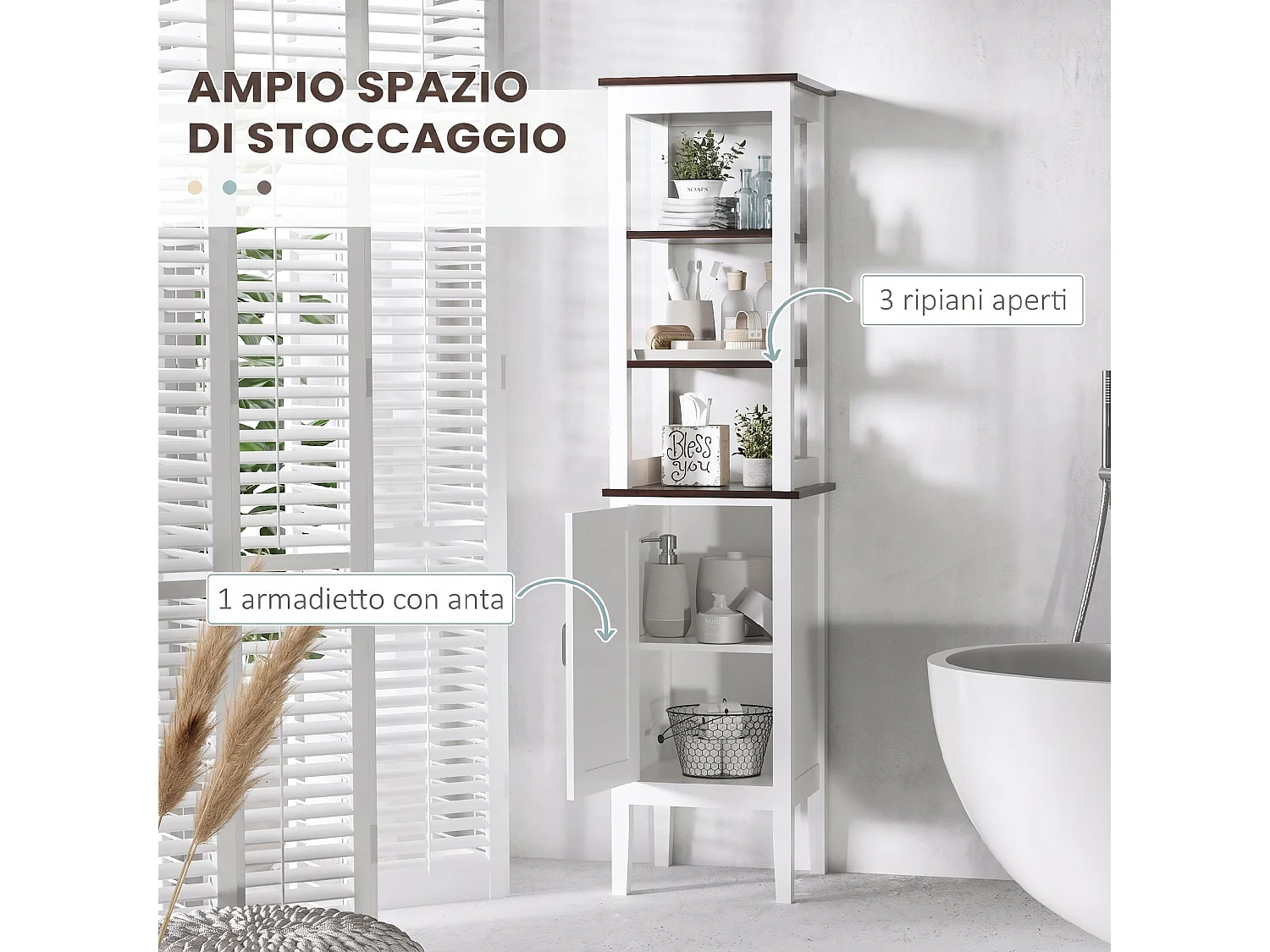Mobile da bagno alto stretto con ripiani regolabili, bianco