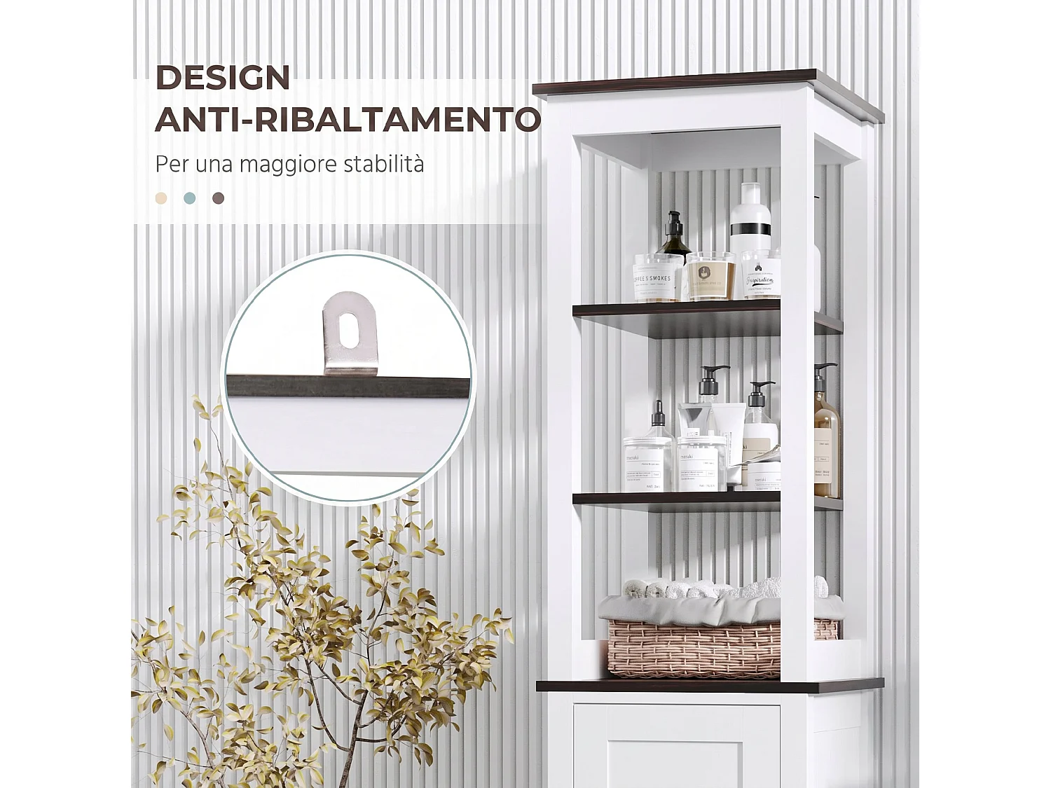 Mobile da bagno alto stretto con ripiani regolabili, bianco