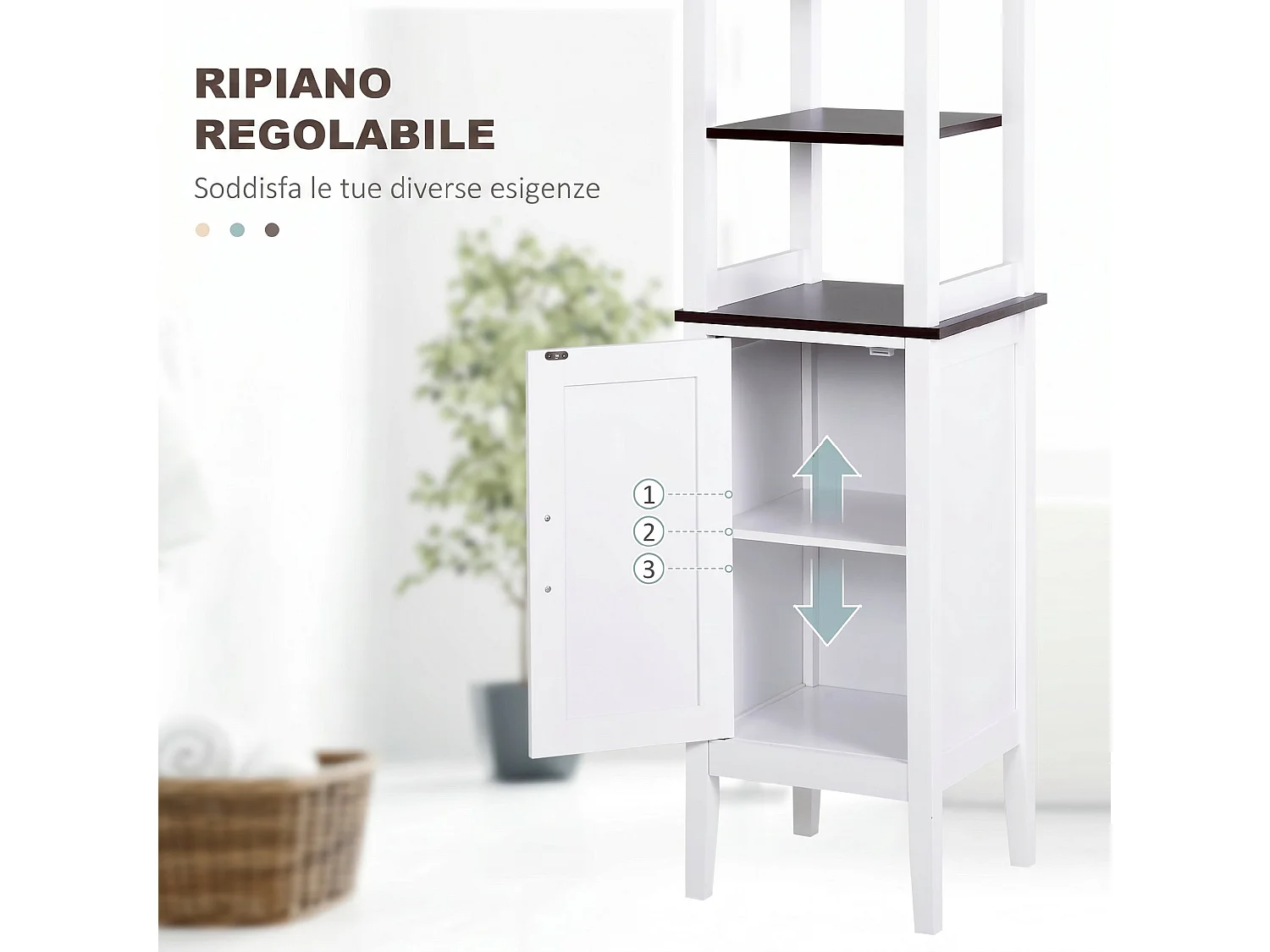 Mobile da bagno alto stretto con ripiani regolabili, bianco