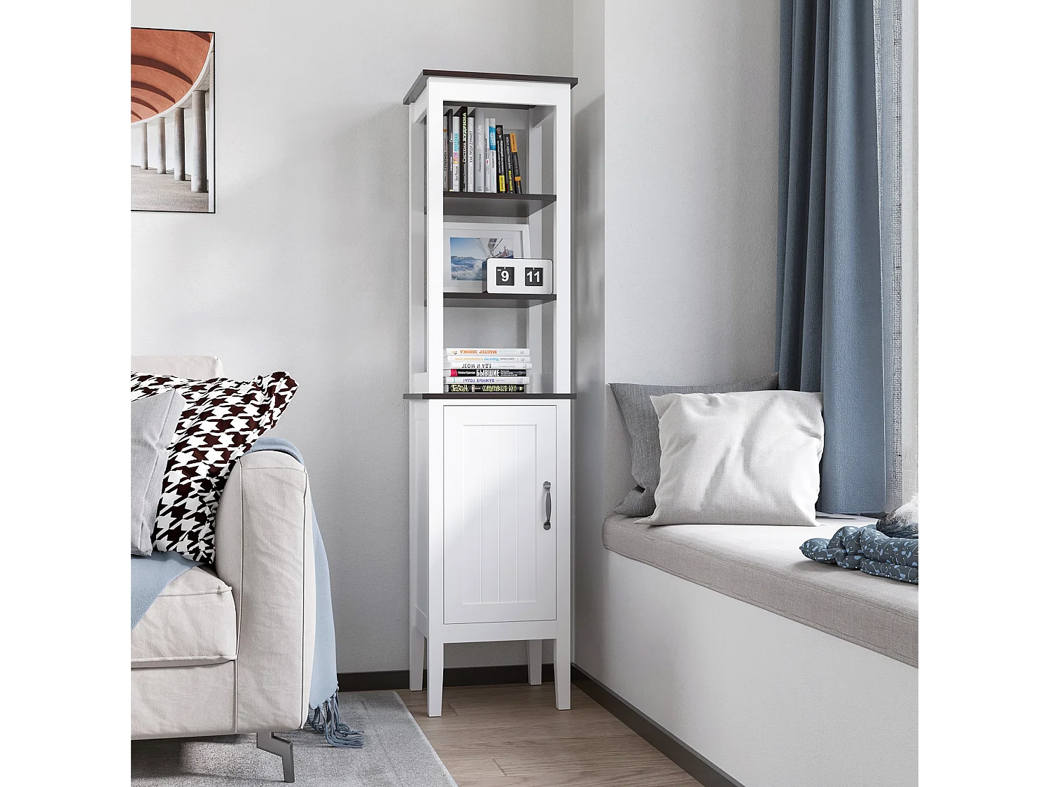 Mobile da bagno alto stretto con ripiani regolabili, bianco