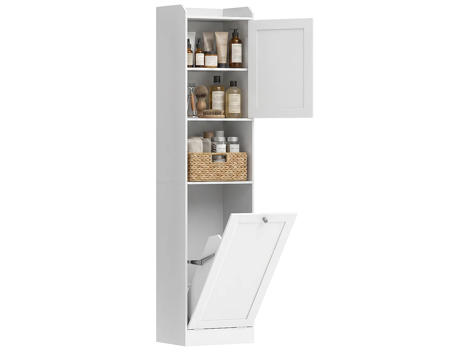 Mobile alto da bagno con cesto biancheria in legno bianco