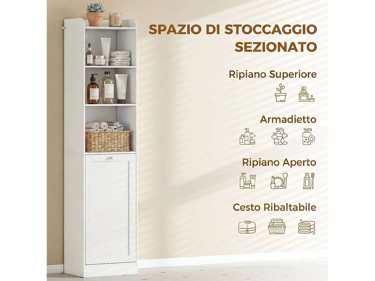 Mobile alto da bagno con cesto biancheria in legno bianco