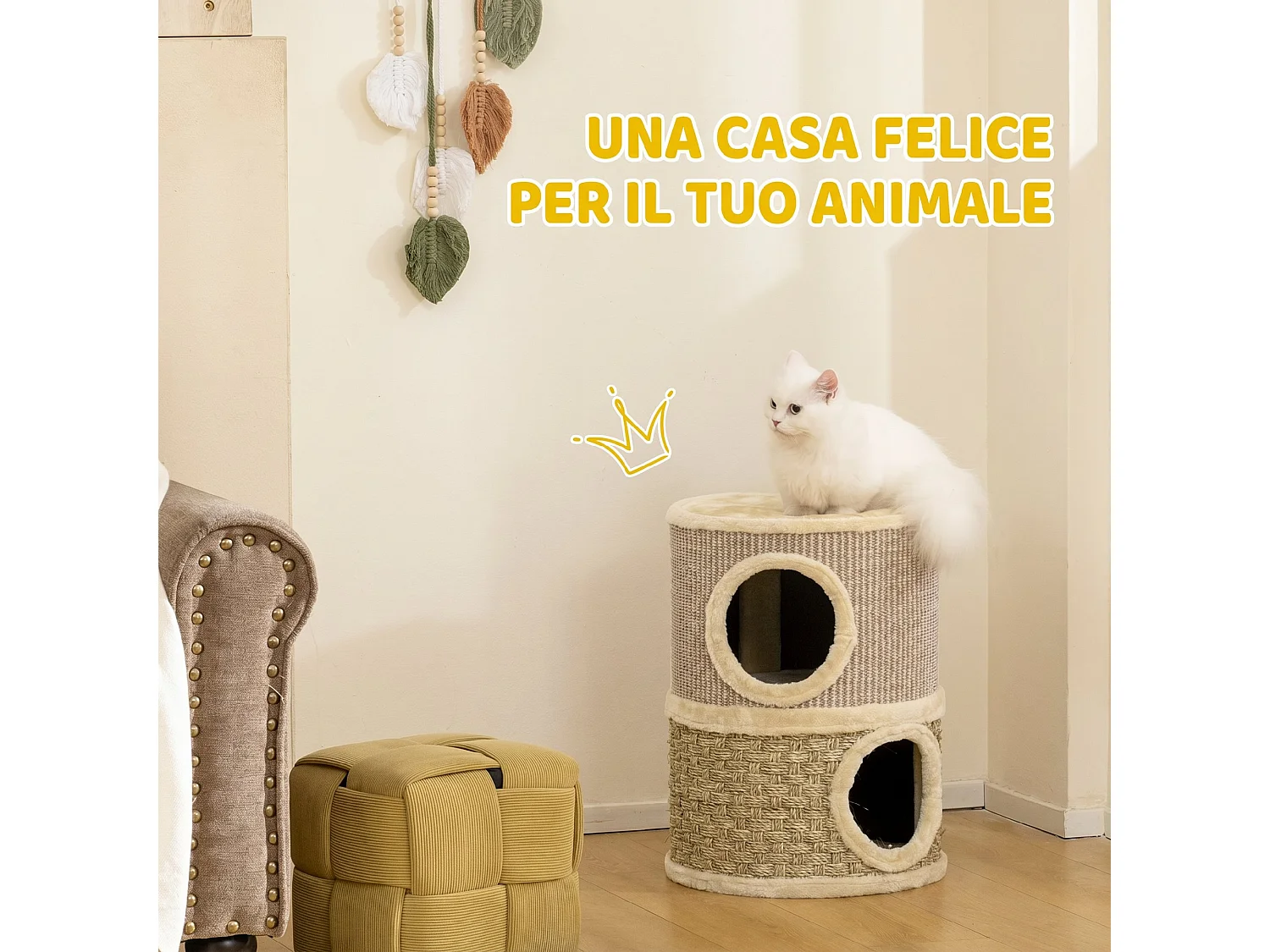 Cuccia per gatti tiragraffi a torre con 2 nicchie cachi e caffè