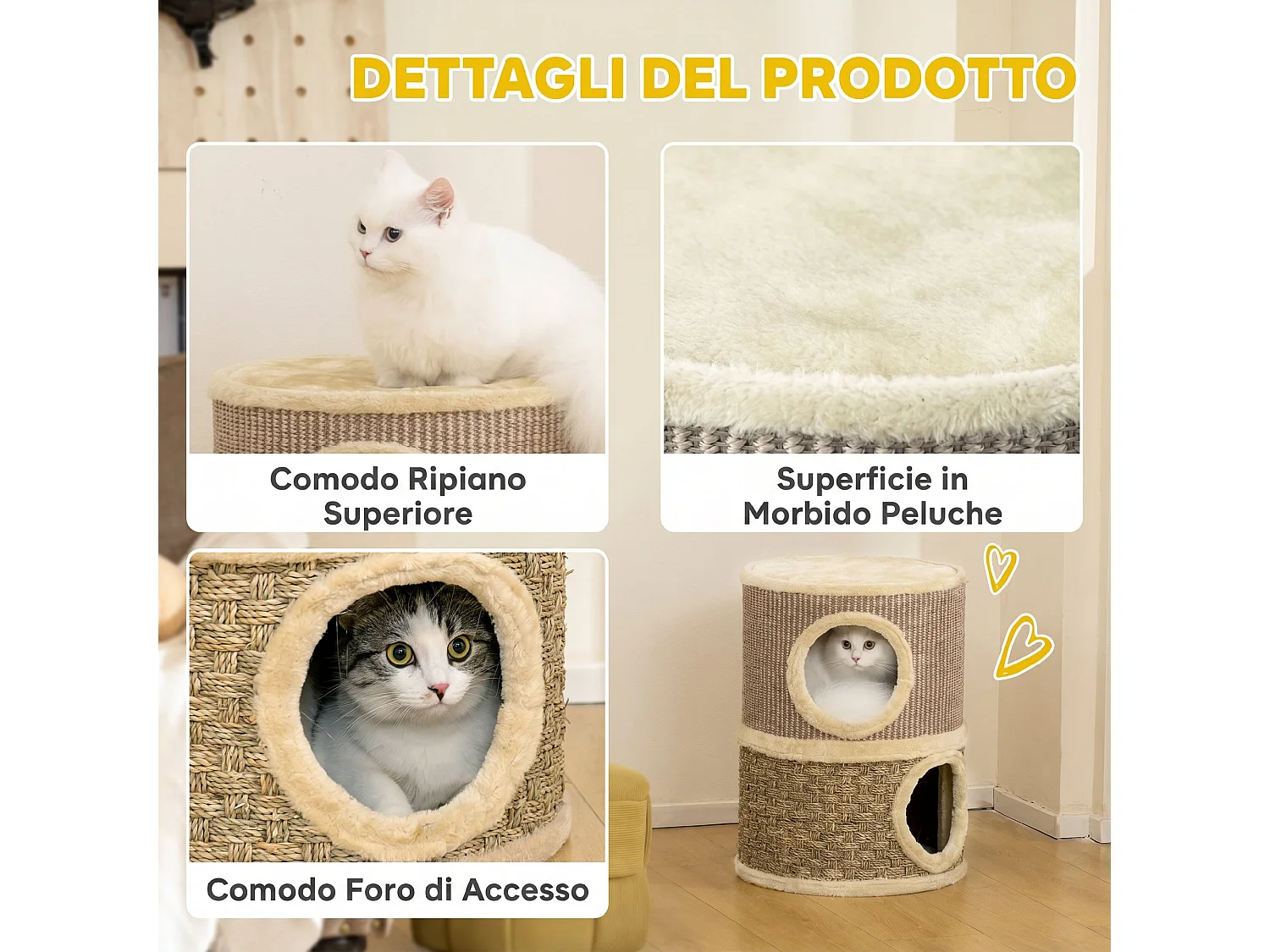 Cuccia per gatti tiragraffi a torre con 2 nicchie cachi e caffè