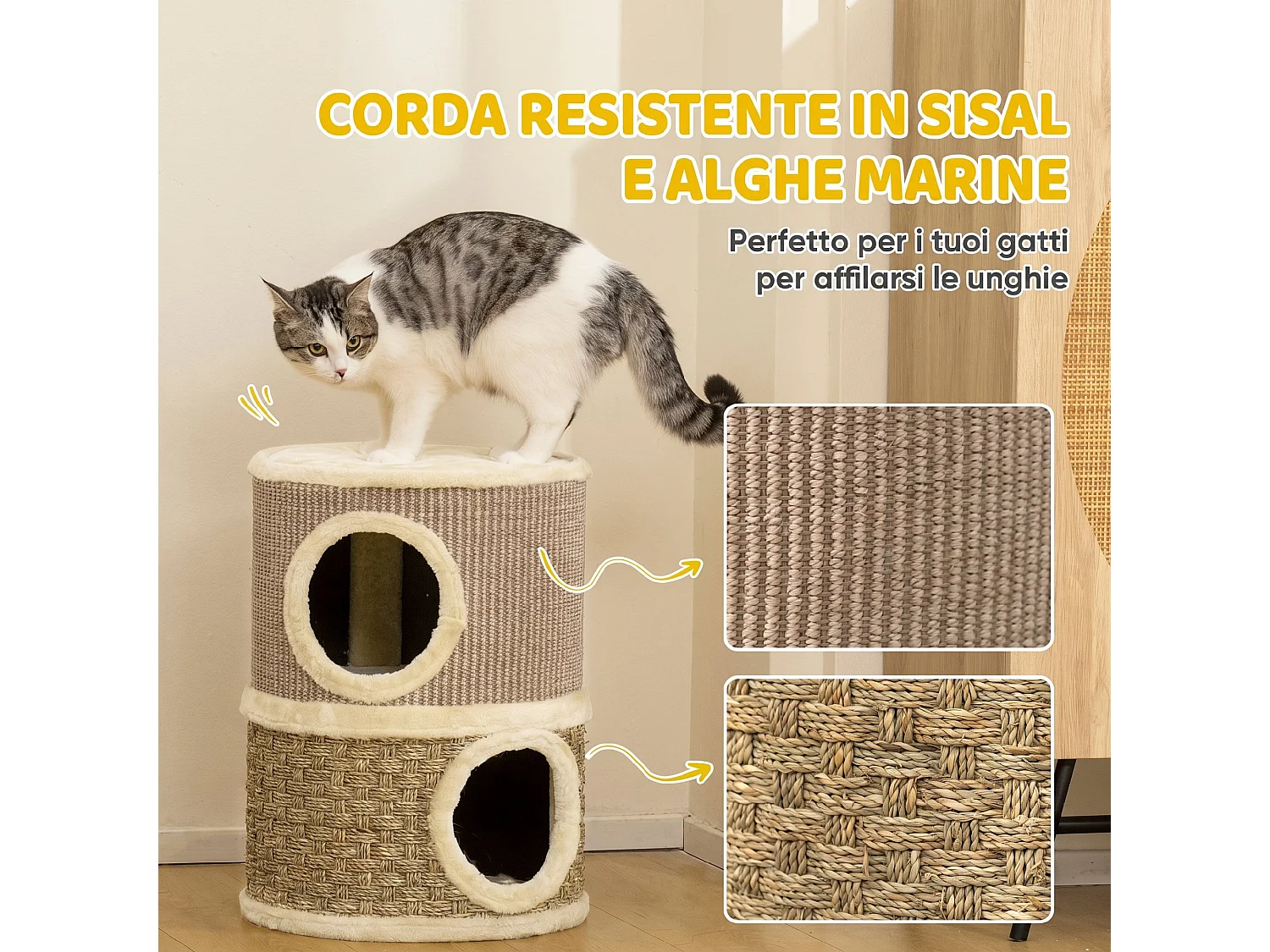 Cuccia per gatti tiragraffi a torre con 2 nicchie cachi e caffè