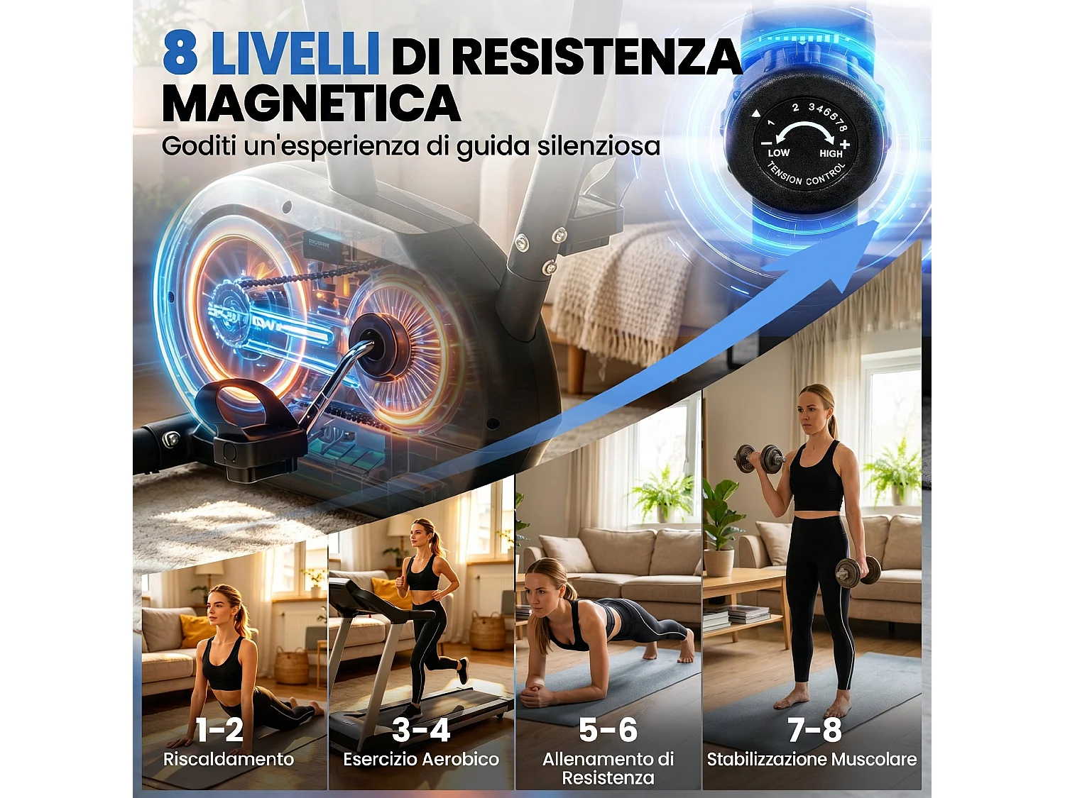 Cyclette magnetica a 8 livelli con bluetooth e display lcd nero