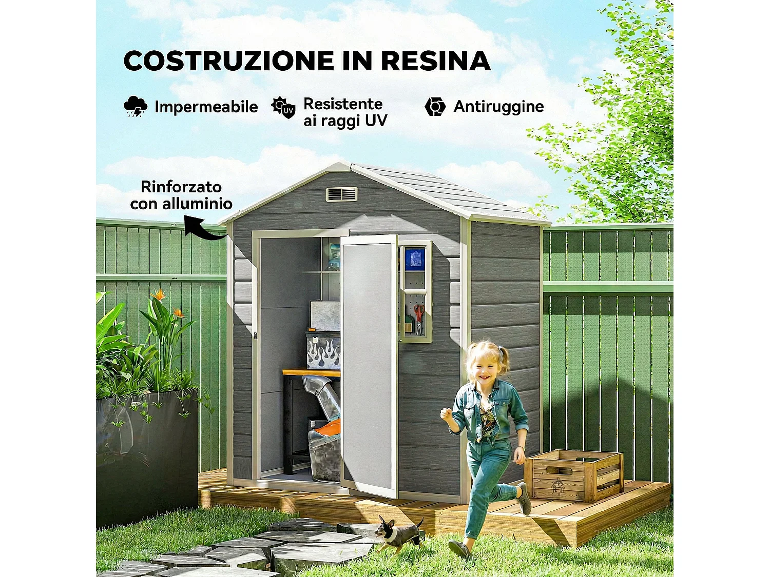 Capanno da giardino con pavimento, finestra, porta con serratura