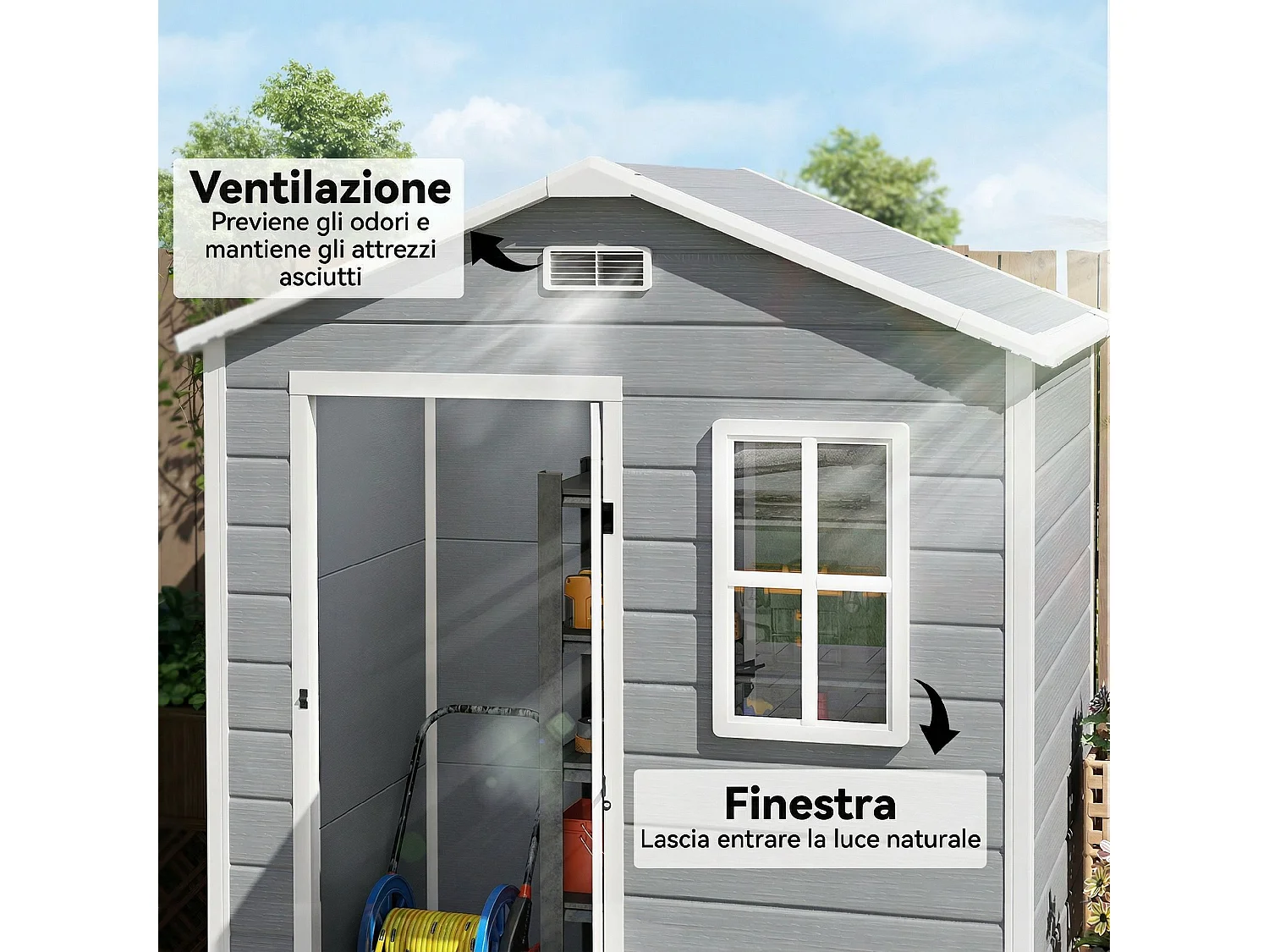Capanno da giardino con pavimento, finestra, porta con serratura