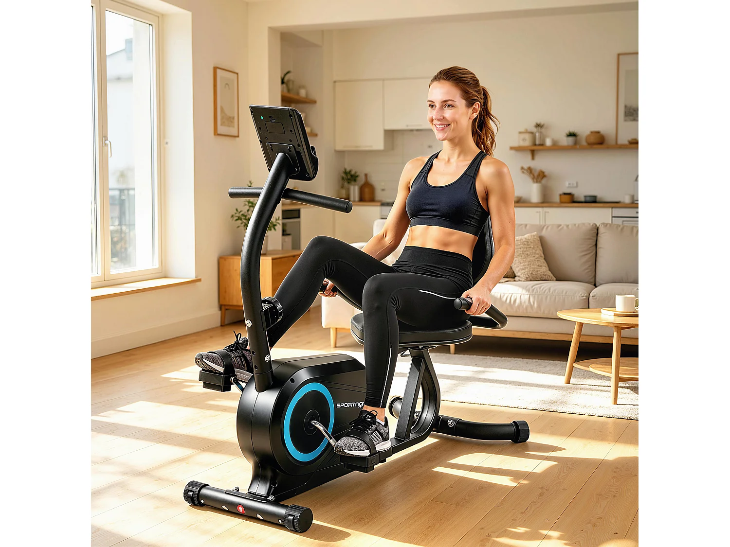 Cyclette magnetica a 8 livelli orizzontale con display lcd blu