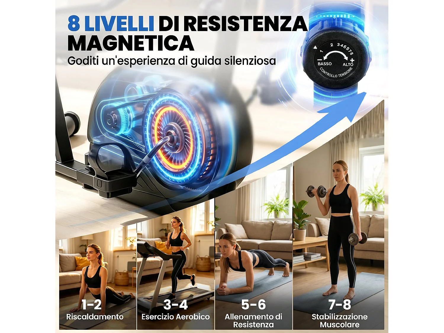 Cyclette magnetica a 8 livelli orizzontale con display lcd blu