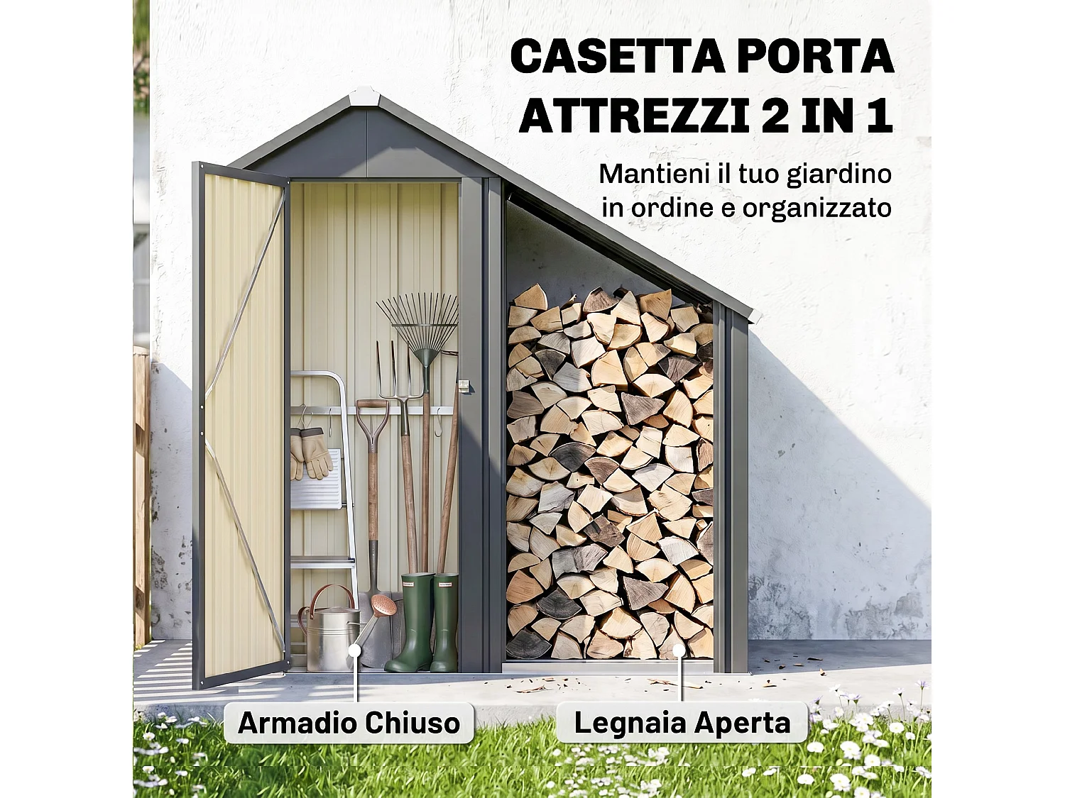 Capanno portalegna con armadietto in acciaio zincato grigio scuro