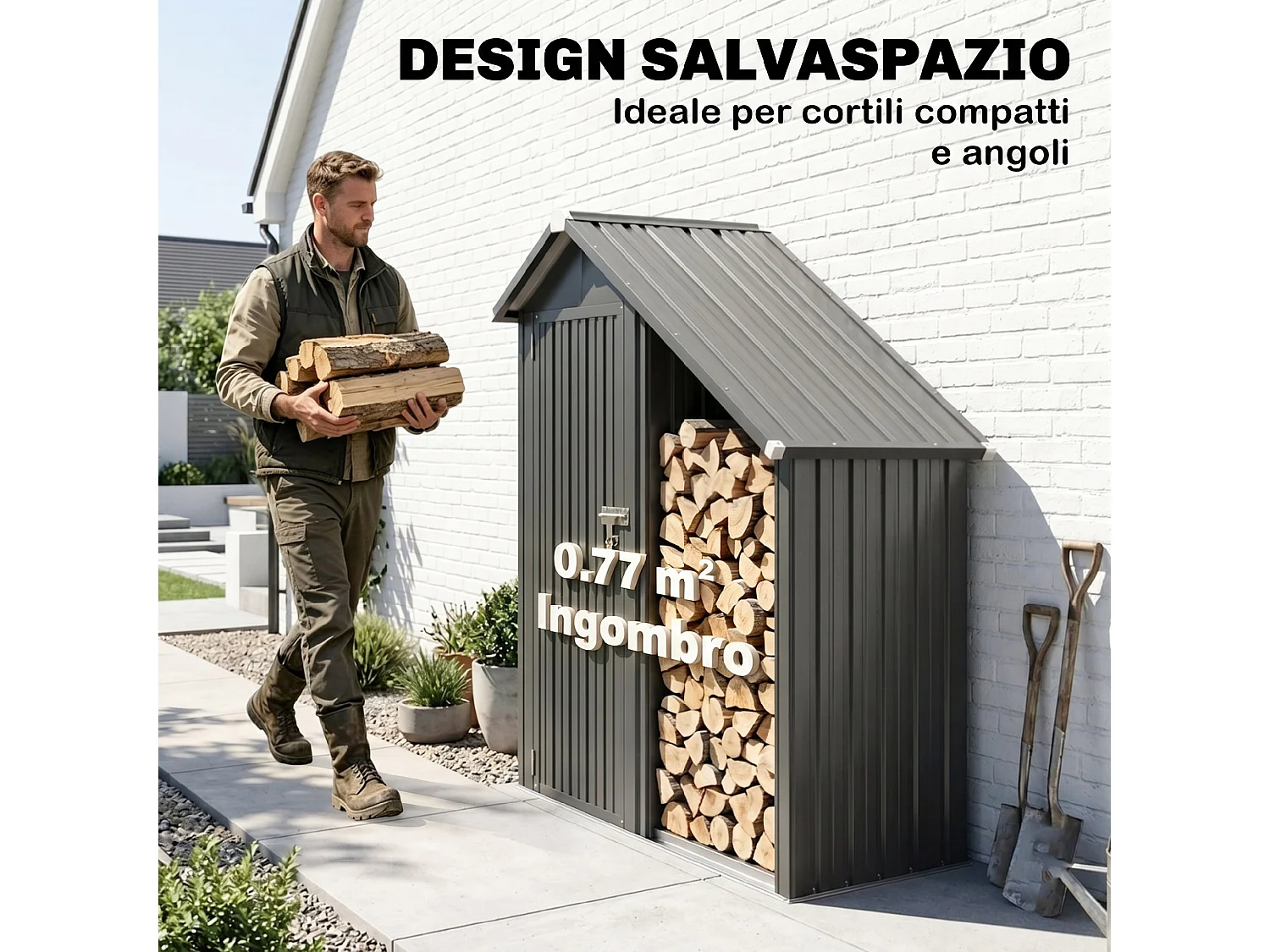 Capanno portalegna con armadietto in acciaio zincato grigio scuro