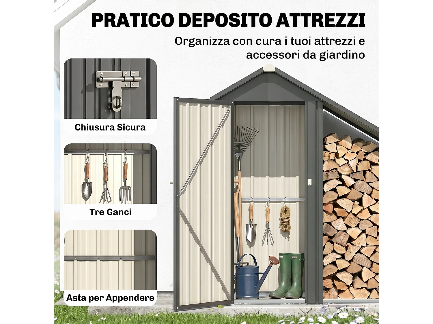 Capanno portalegna con armadietto in acciaio zincato grigio scuro