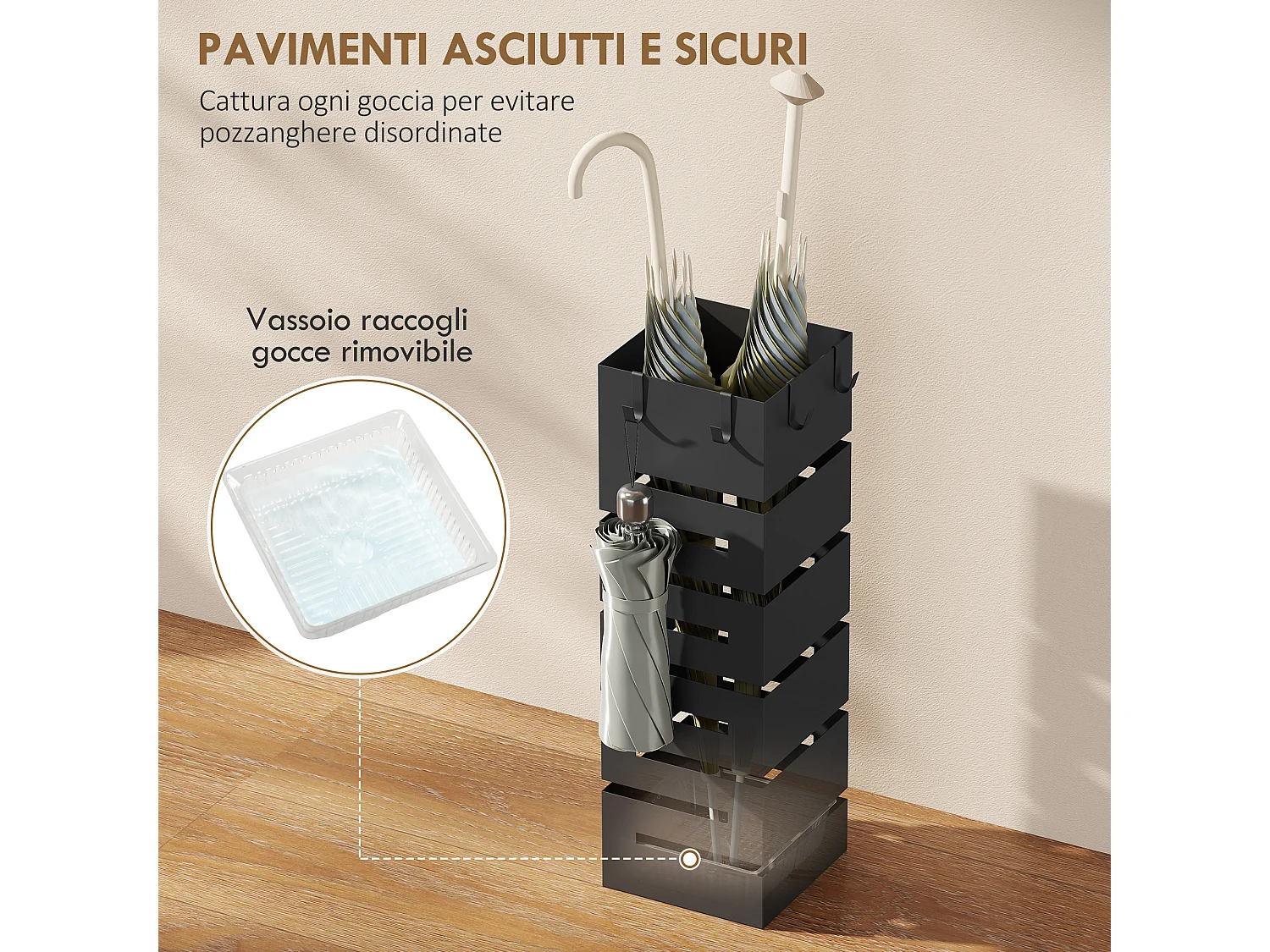 Portaombrelli con vaschetta raccogligocce estraibile in metallo nero