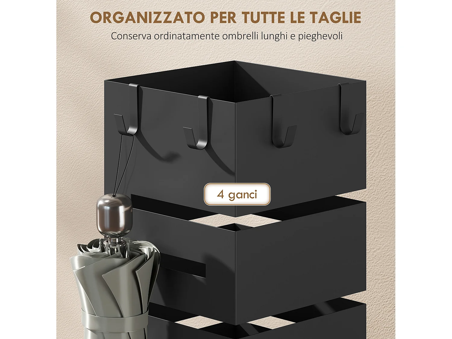 Portaombrelli con vaschetta raccogligocce estraibile in metallo nero