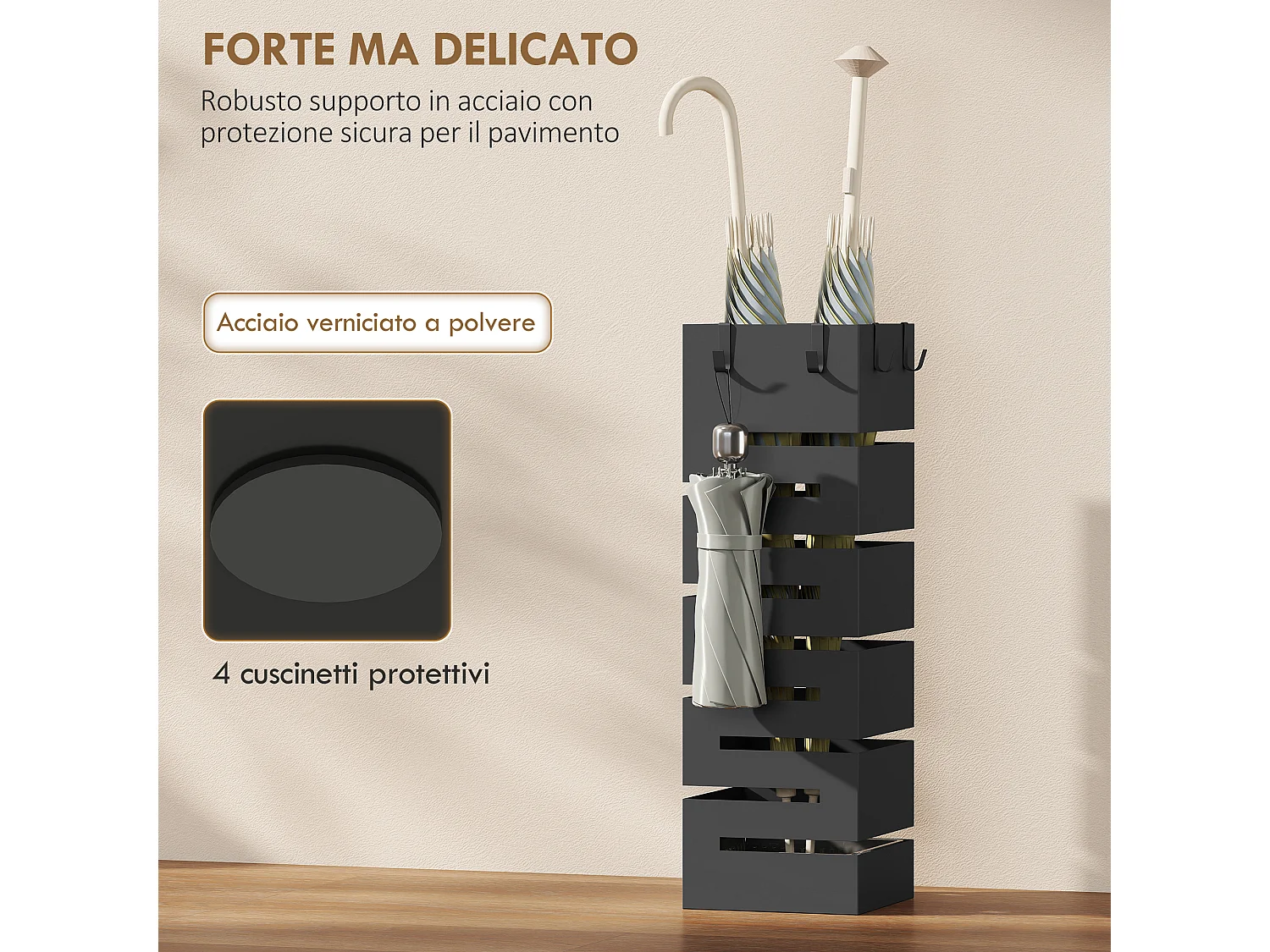 Portaombrelli con vaschetta raccogligocce estraibile in metallo nero