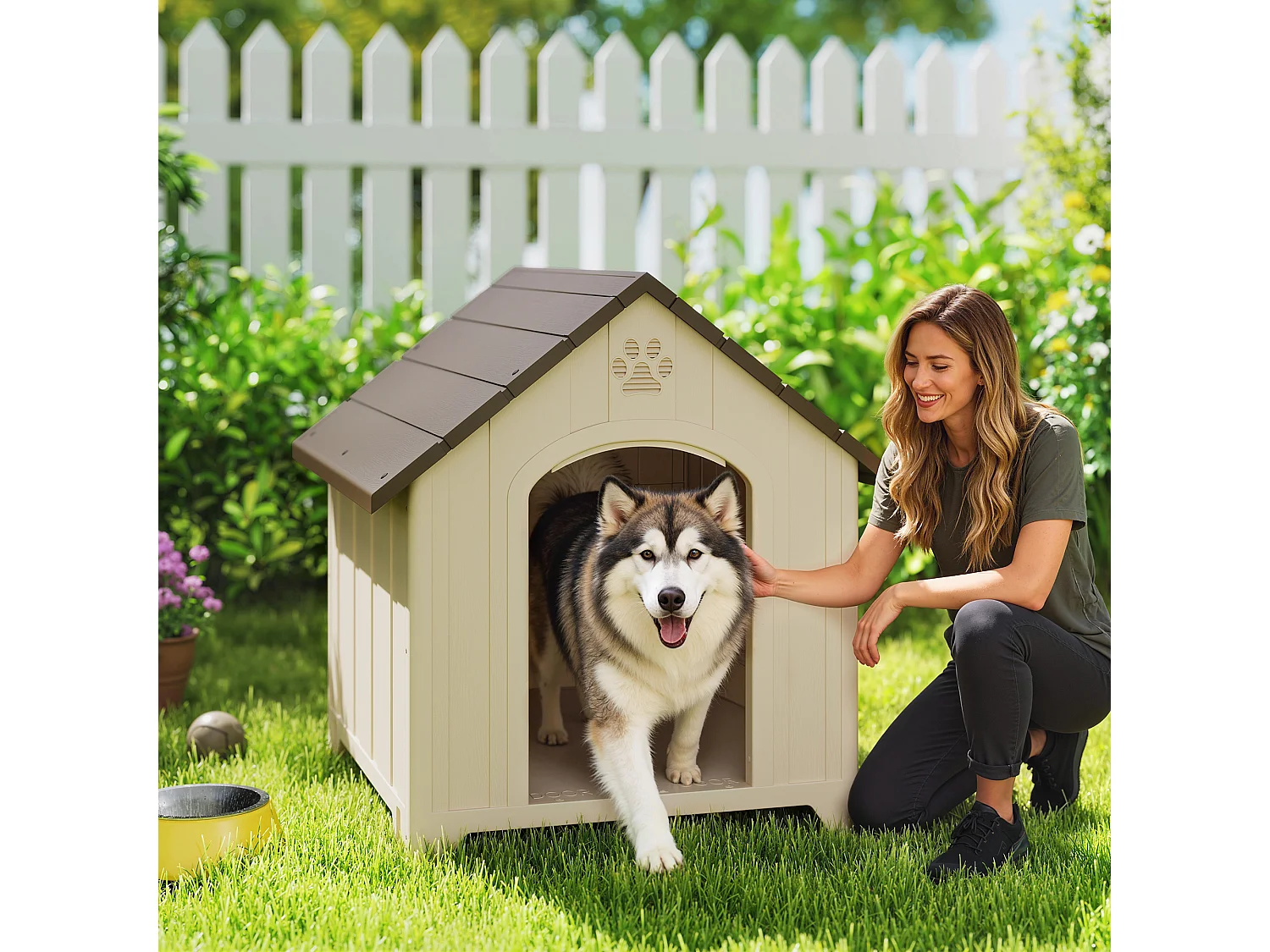 Cuccia per cani in pp con tetto inclinato e prese d'aria beige marrone
