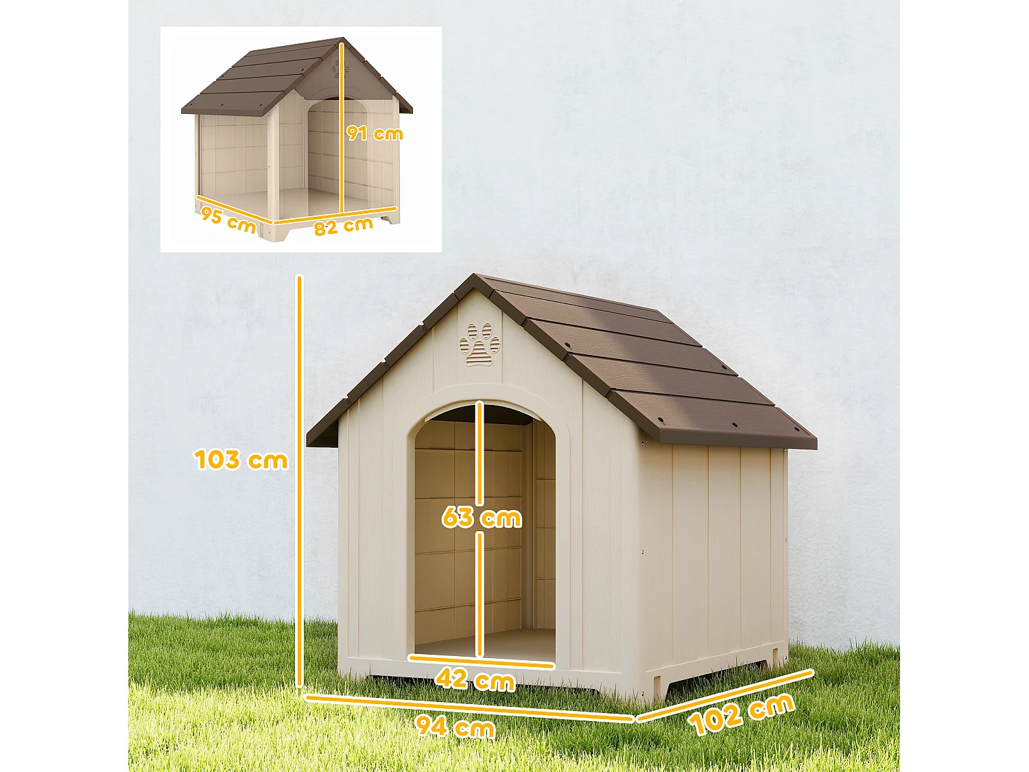 Cuccia per cani in pp con tetto inclinato e prese d'aria beige marrone