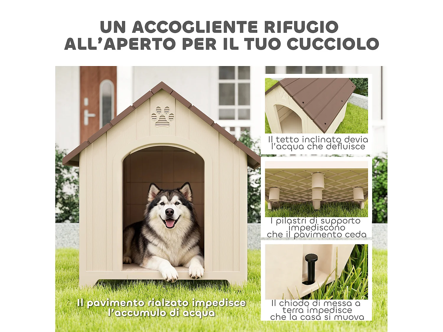 Cuccia per cani in pp con tetto inclinato e prese d'aria beige marrone