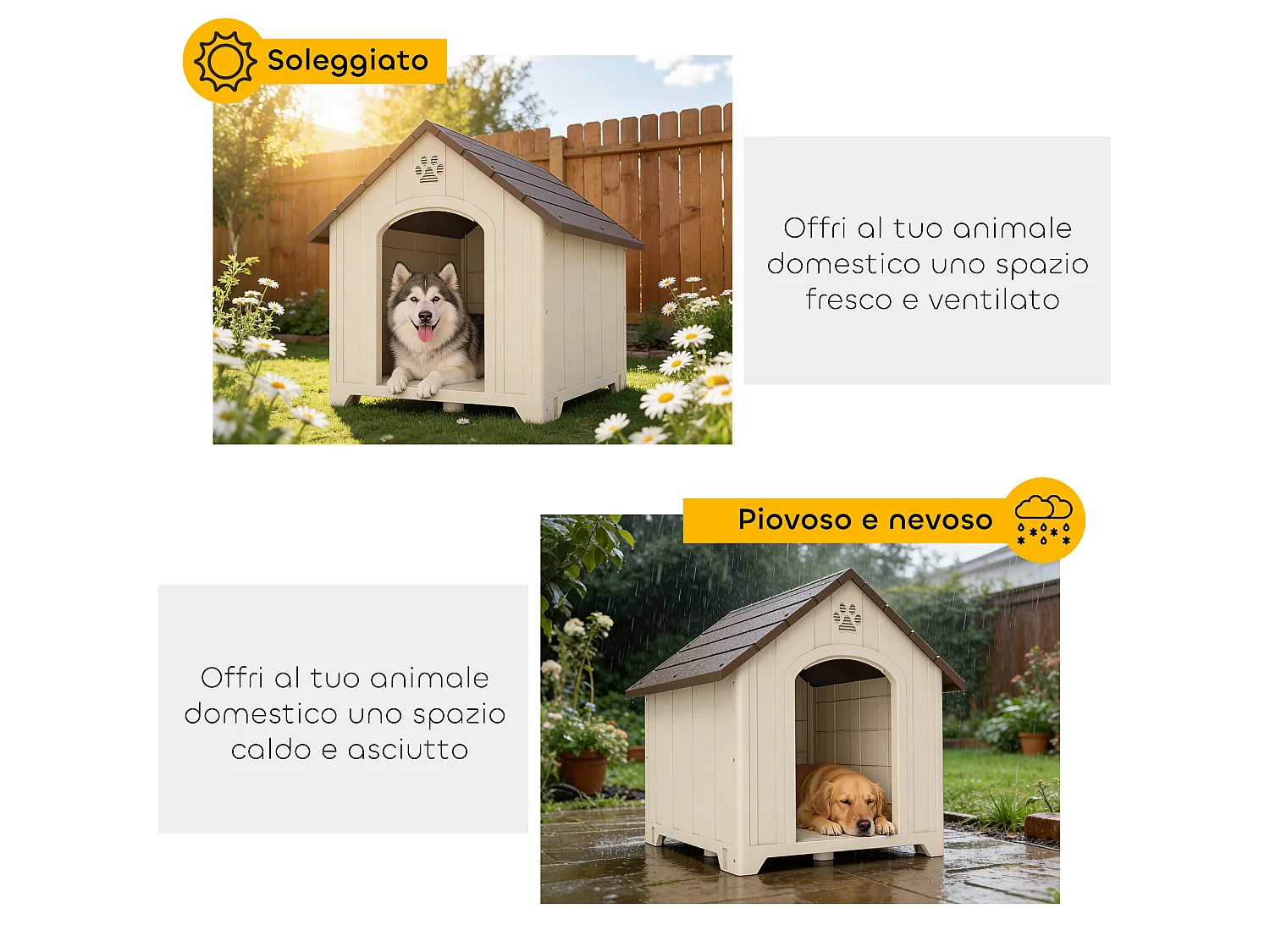 Cuccia per cani in pp con tetto inclinato e prese d'aria beige marrone
