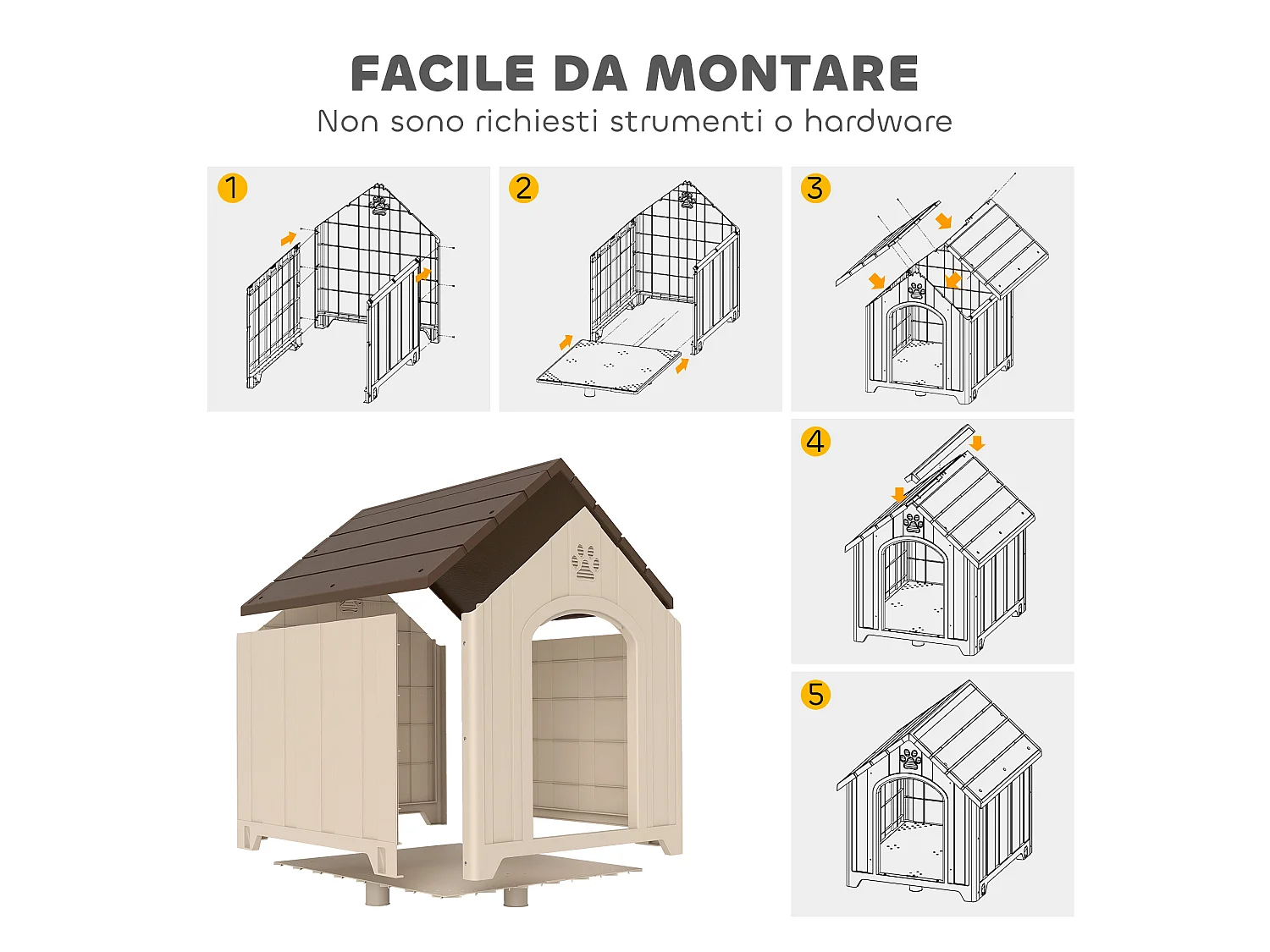 Cuccia per cani in pp con tetto inclinato e prese d'aria beige marrone
